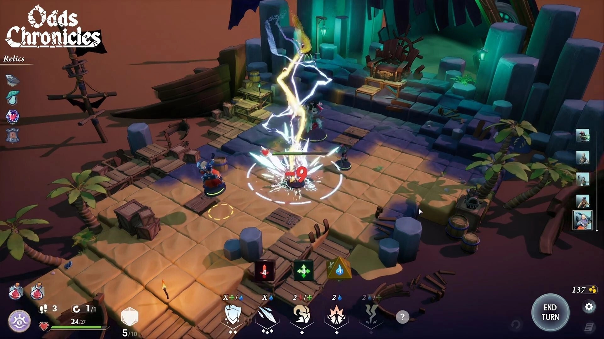 Odds Chronicles: Lightning strike attack on grid in tropical ruins setting with visible UI elements