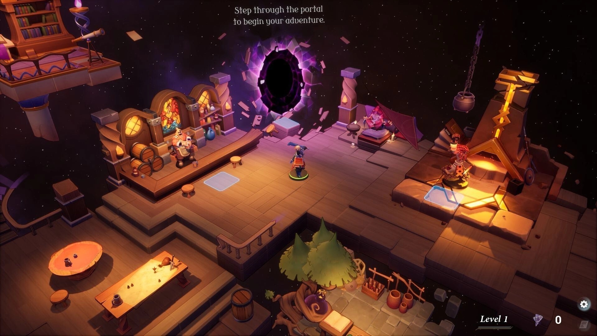 Odds Chronicles: Hero stands before a glowing portal in a cosmic tavern, ready to begin an adventure.