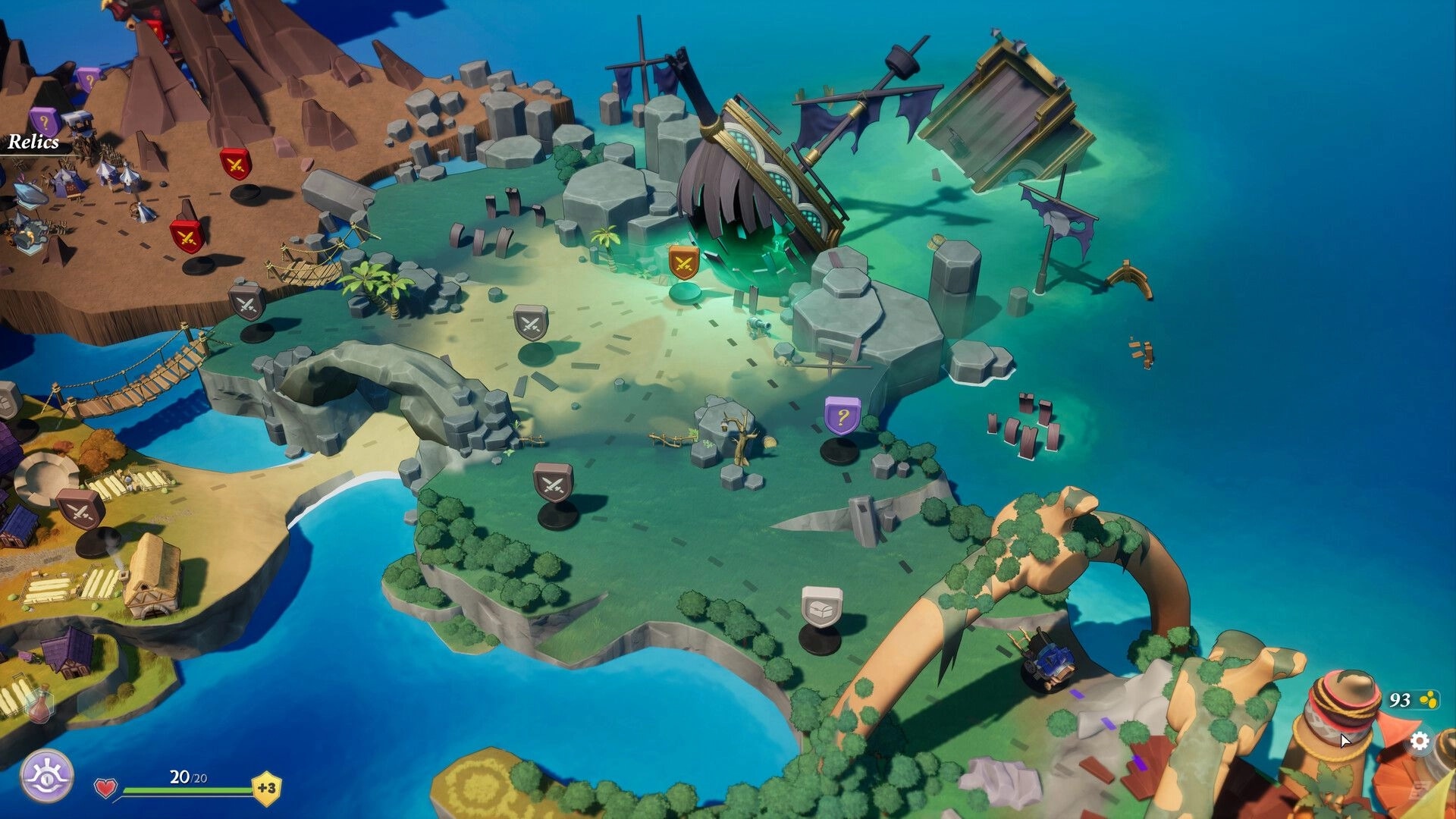Odds Chronicles: Overhead map view with shipwreck, resource icons, and a player health indicator