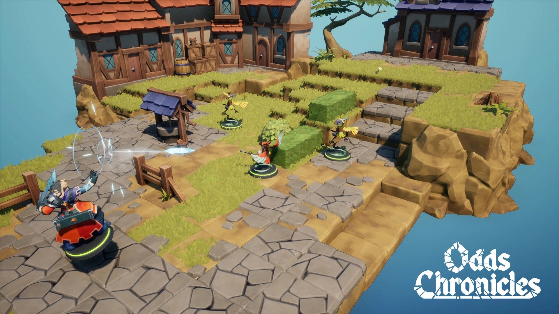 Odds Chronicles: Tactical battle with heroes and creatures on a village grid with cottages and trees.