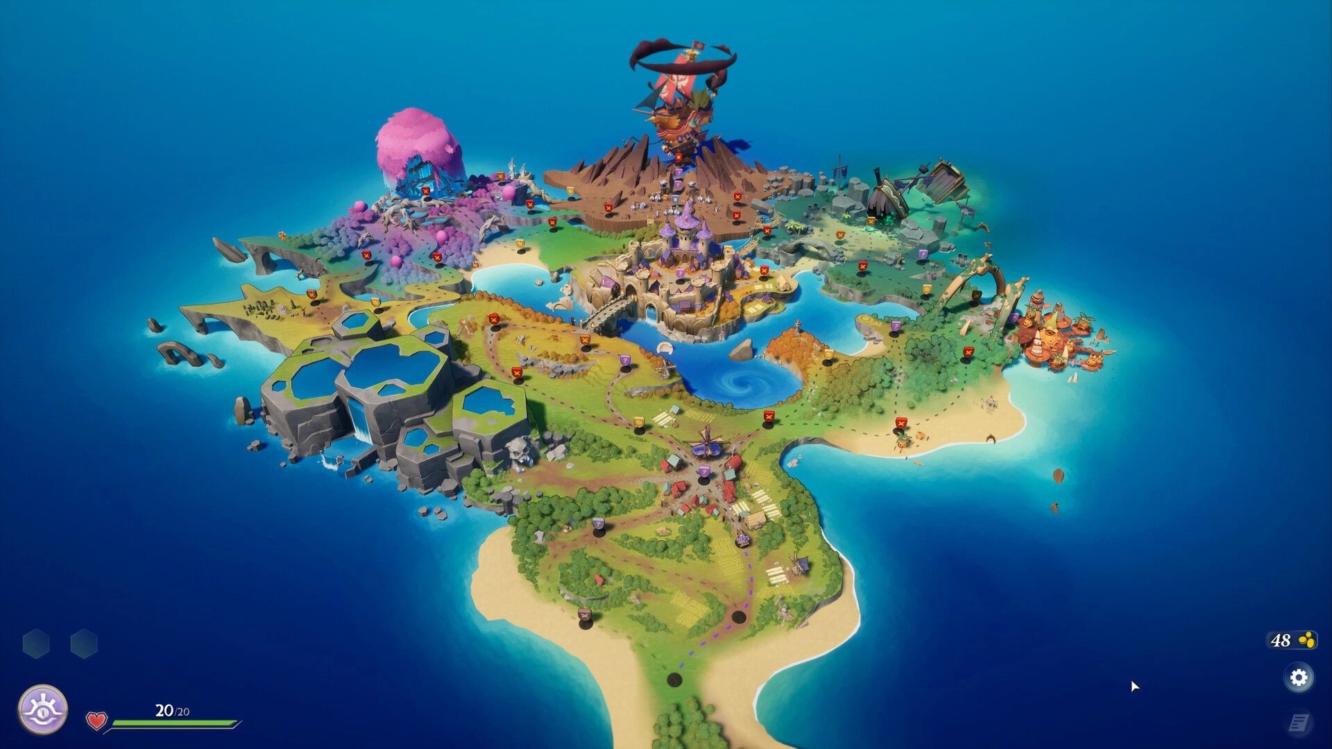 Odds Chronicles: Colorful world map overview with diverse landscapes and various landmarks visible