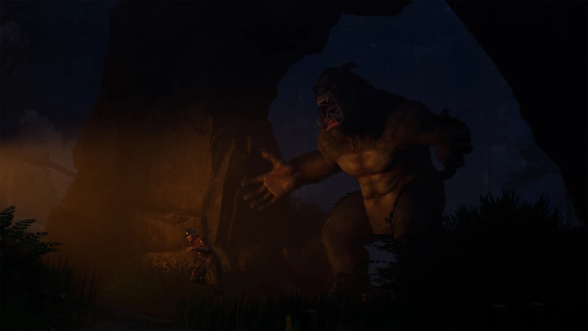 Of Ash and Steel: Player stealthily evades a giant creature in a dimly lit cave environment.