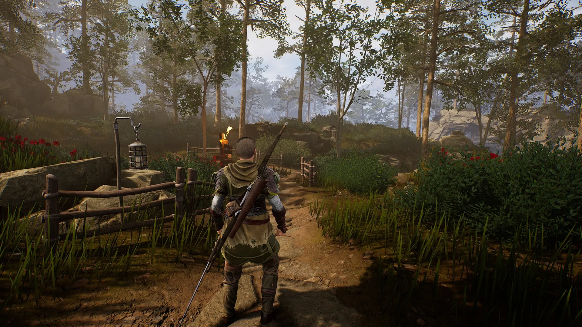 Of Ash and Steel: Character walking on forest path with trees and lanterns in a lush woodland setting