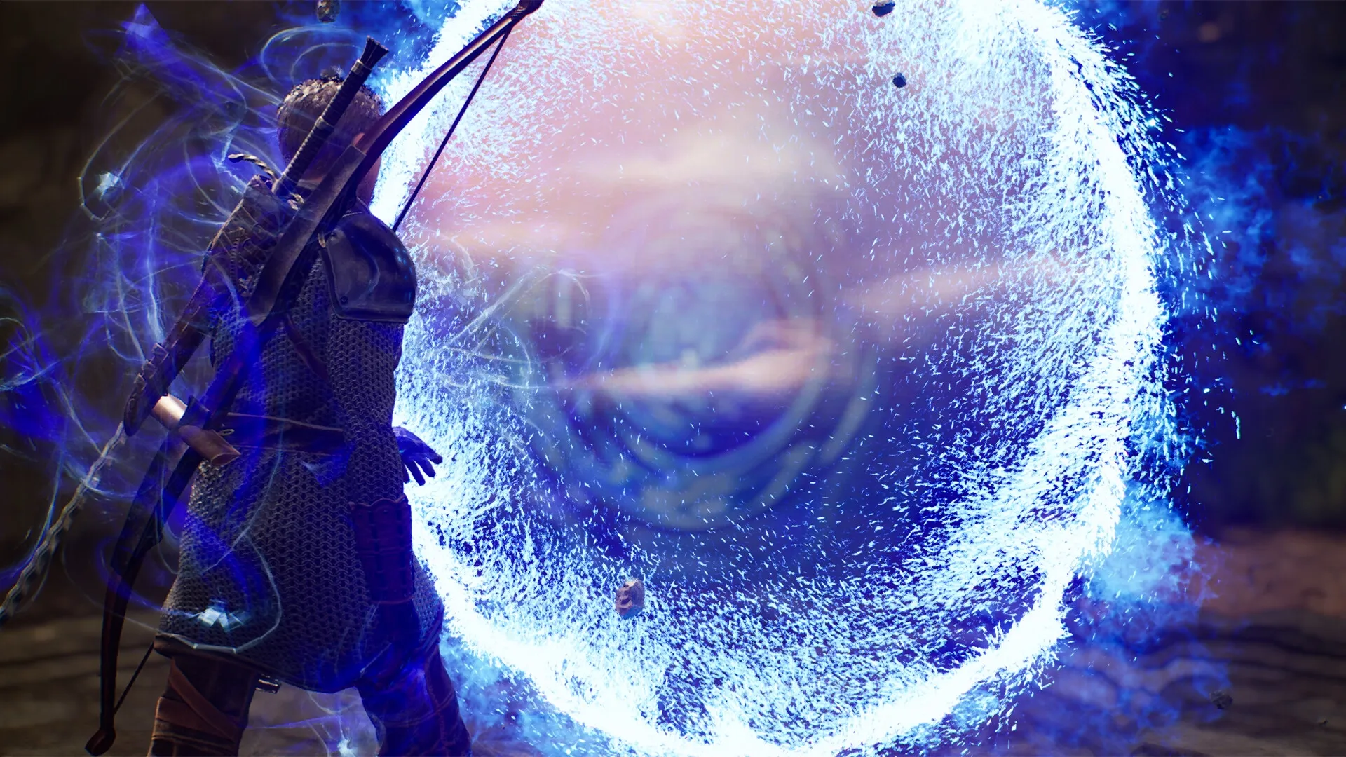 Of Ash and Steel: Character casting a bright blue magical shield in a dark forest setting.