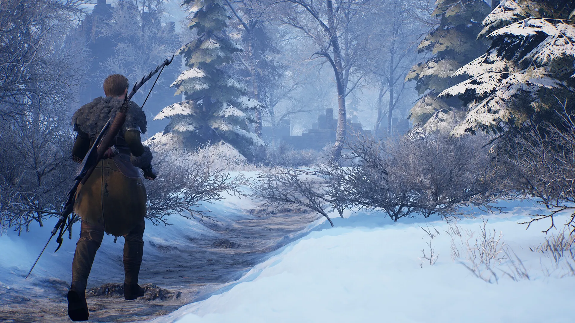 Of Ash and Steel: Lone character walking through snowy forest path towards distant ruins