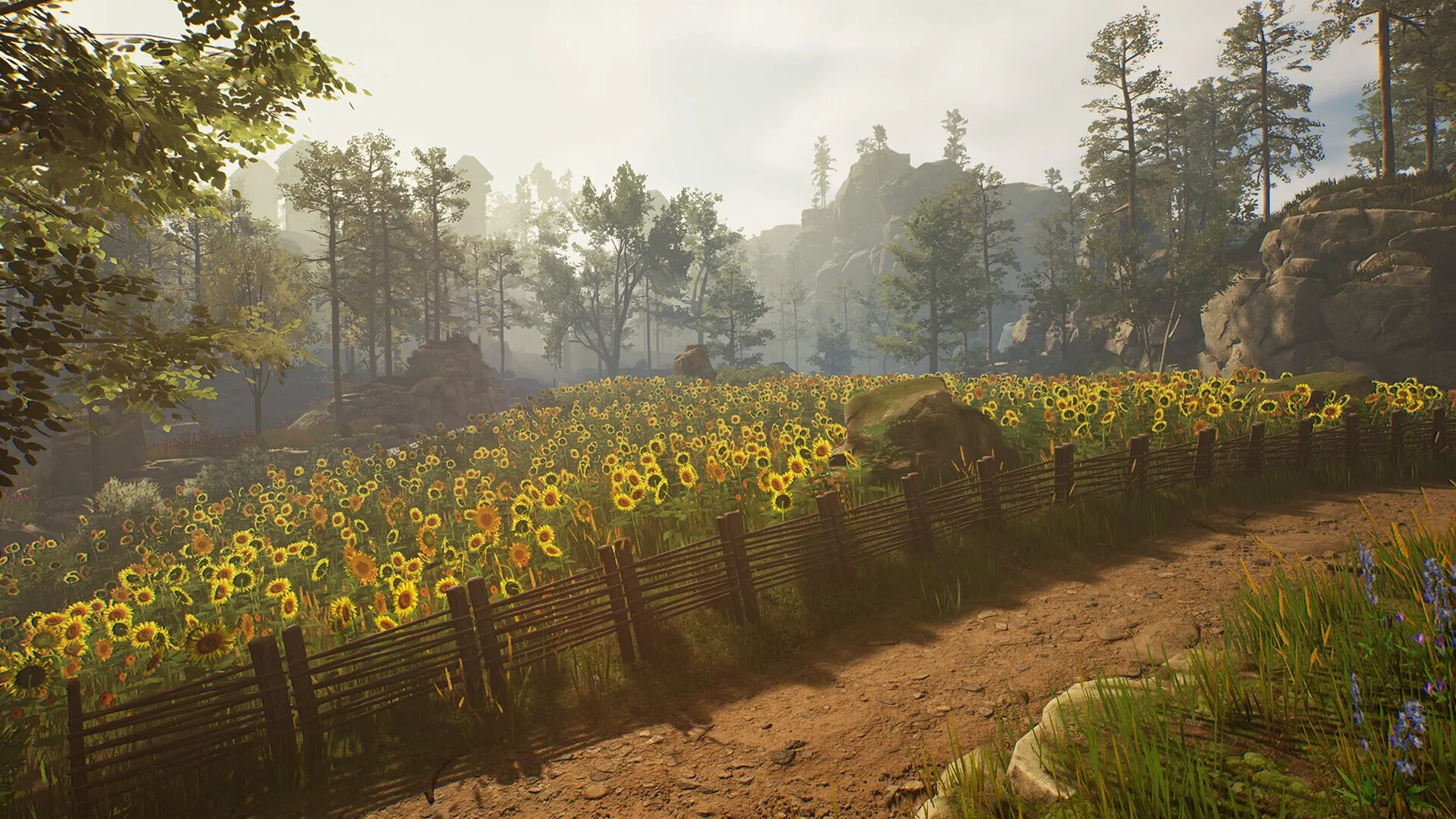 Of Ash and Steel: Scenic sunflower field surrounded by trees and rocky hills in a peaceful landscape