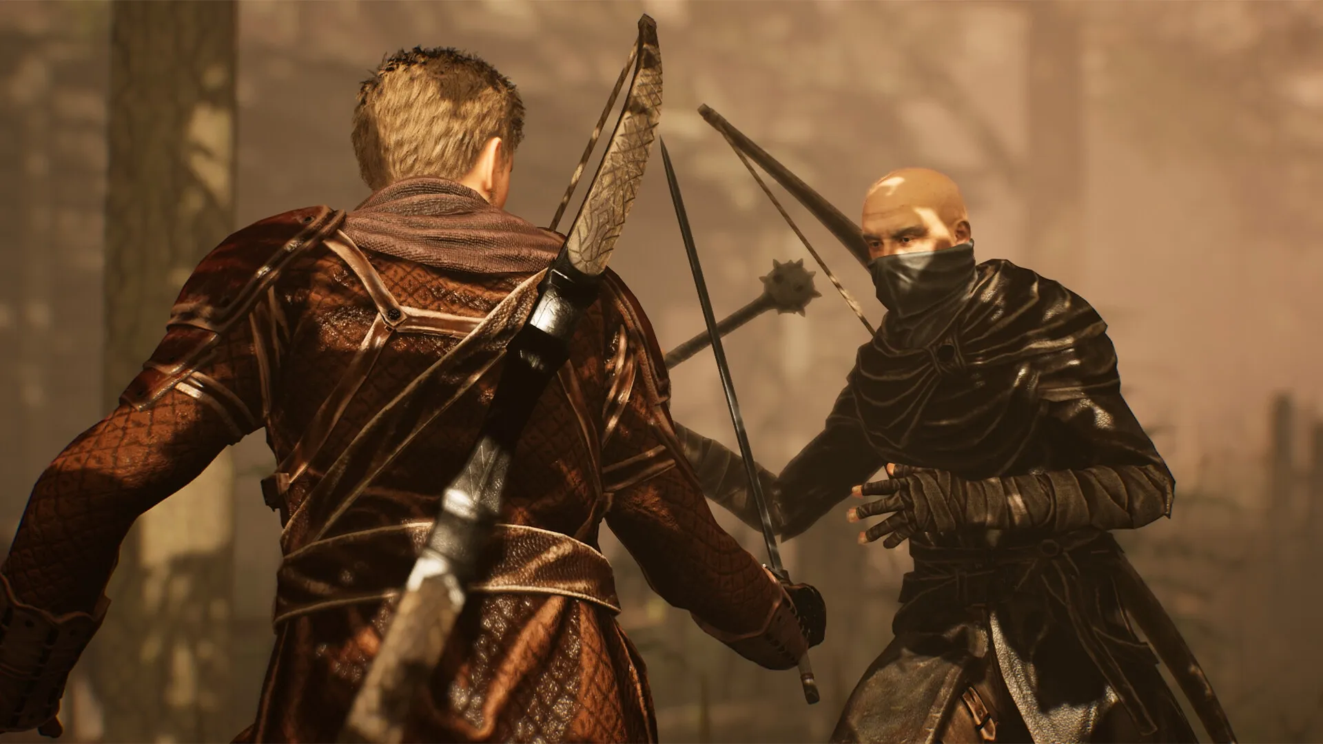 Of Ash and Steel: Intense sword fight between two characters in a misty, dense forest setting