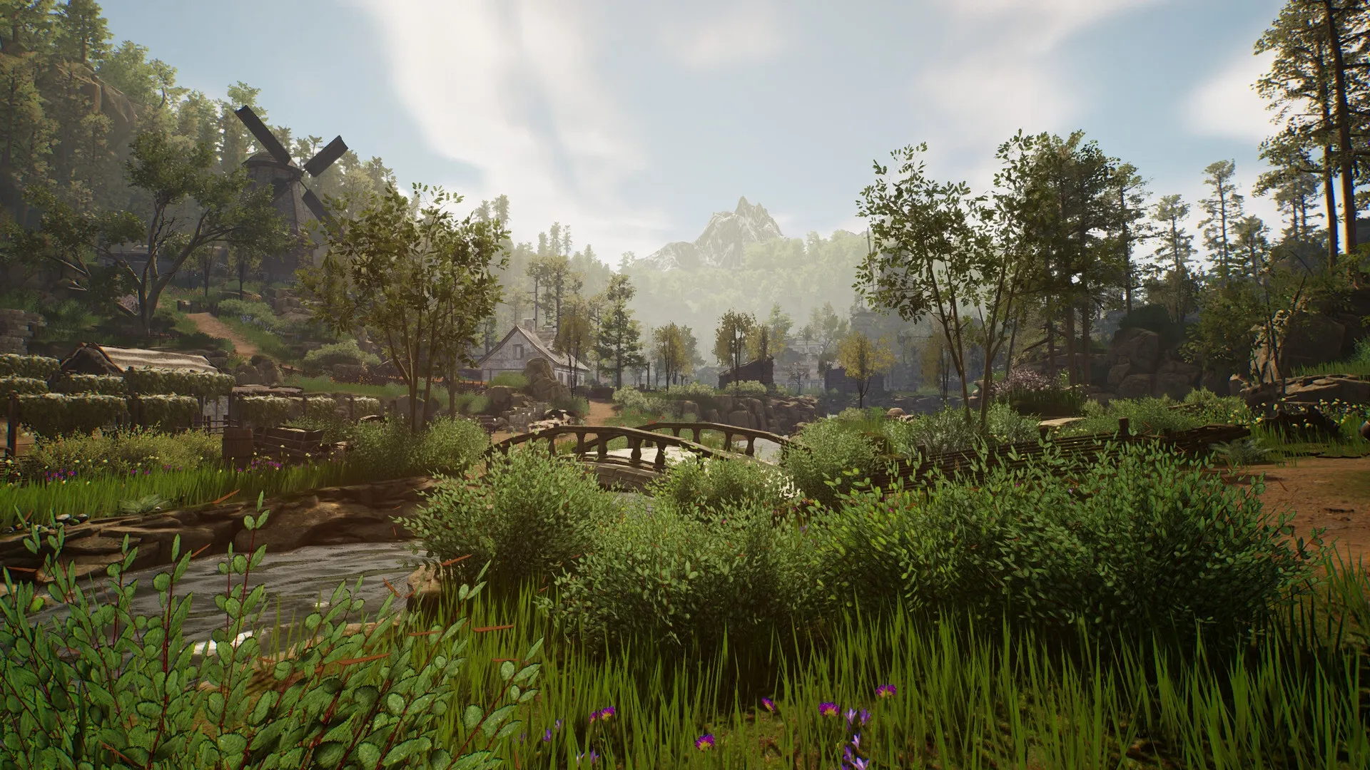 Of Ash and Steel: Tranquil village scene with lush greenery and distant mountains in the background.