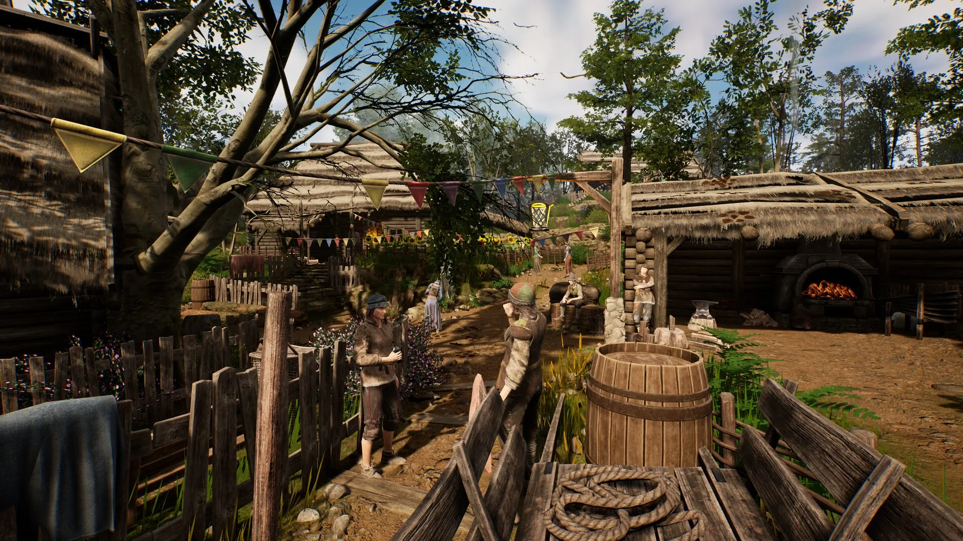 Of Ash and Steel: Villagers conversing in a rustic village with wooden huts and a blacksmith's forge nearby.