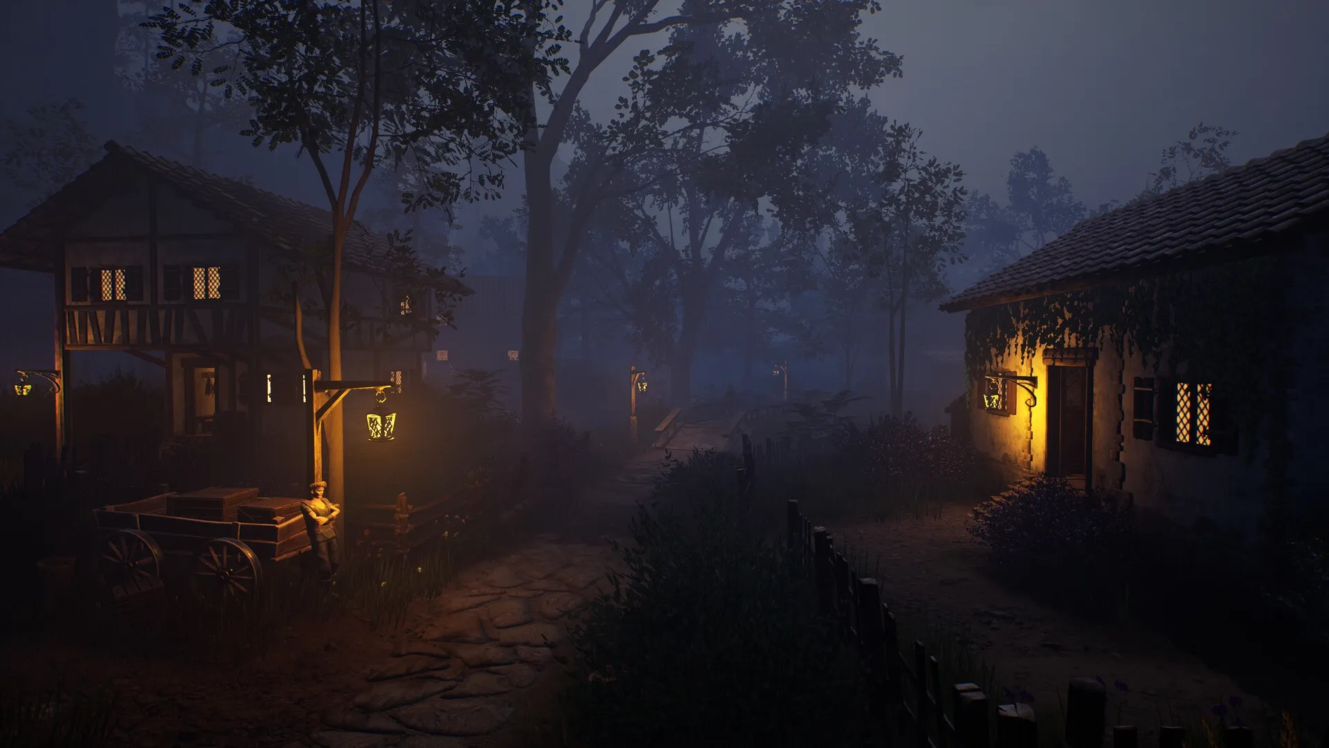 Of Ash and Steel: Twilight village street with lanterns illuminating rustic houses and cobblestone path.