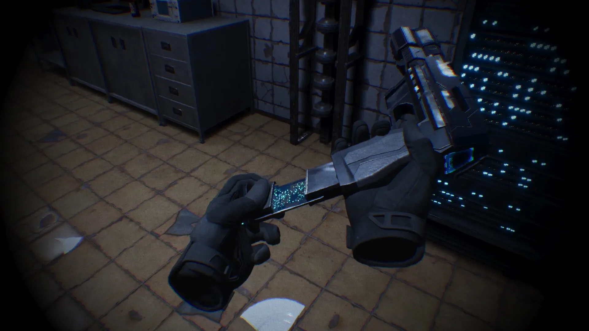 Of Lies and Rain: Player reloading weapon in dimly lit room with tiled floor and metal cabinets