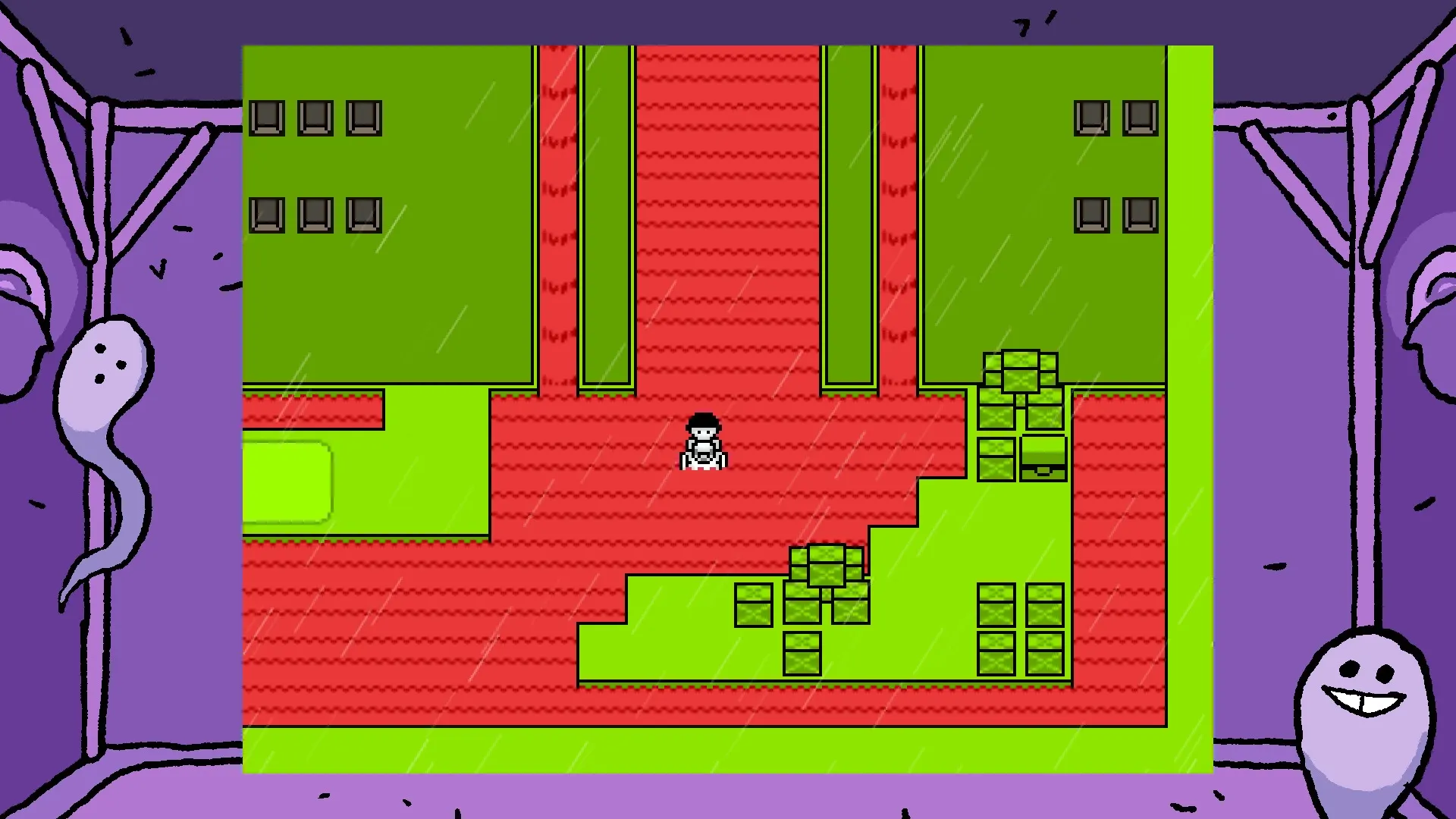 OFF: The Batter stands on a red path surrounded by green terrain, with purple specters flanking the scene.