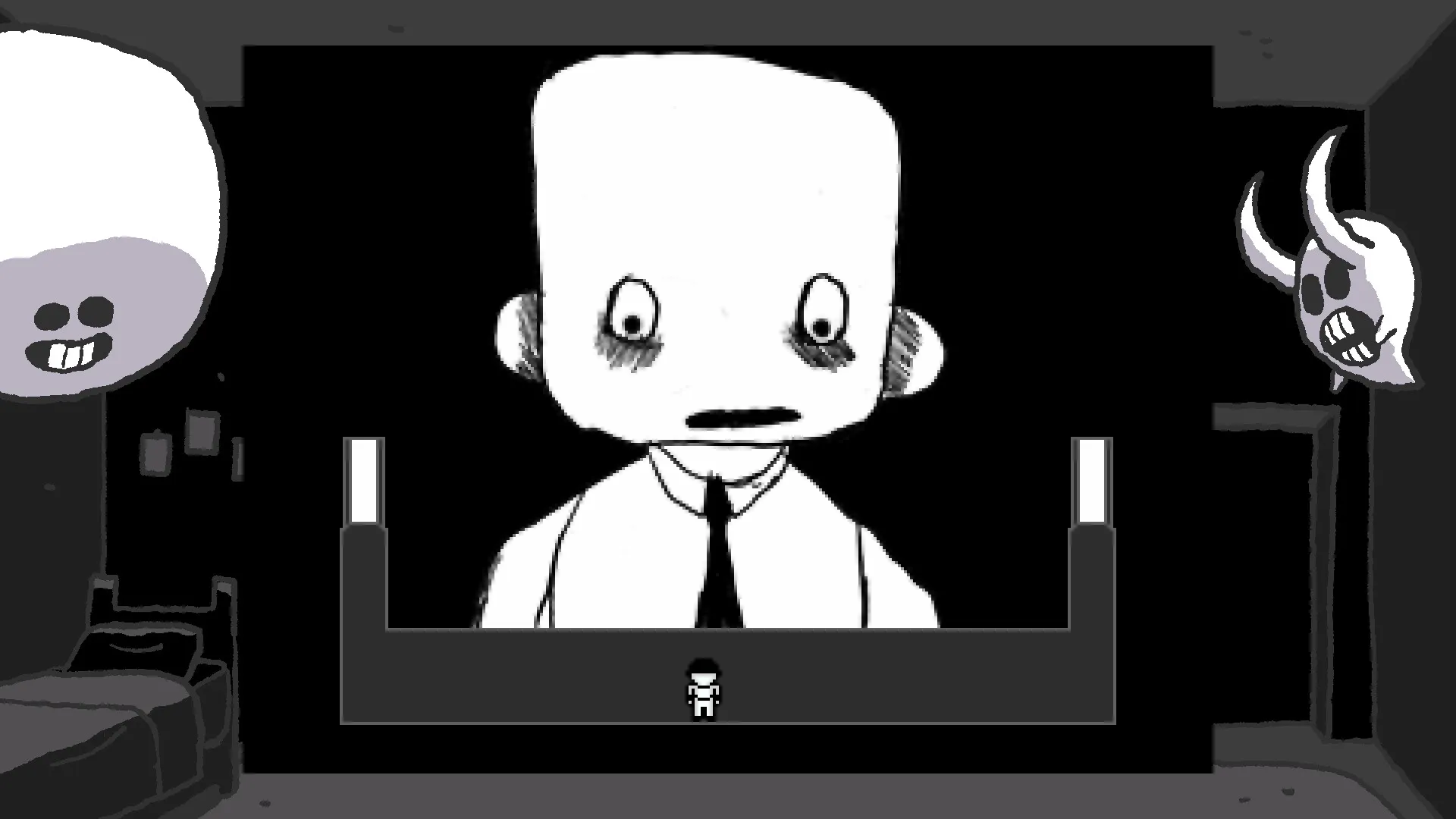 OFF: Batter encounters large monochrome face in dark room with ghostly figures floating nearby