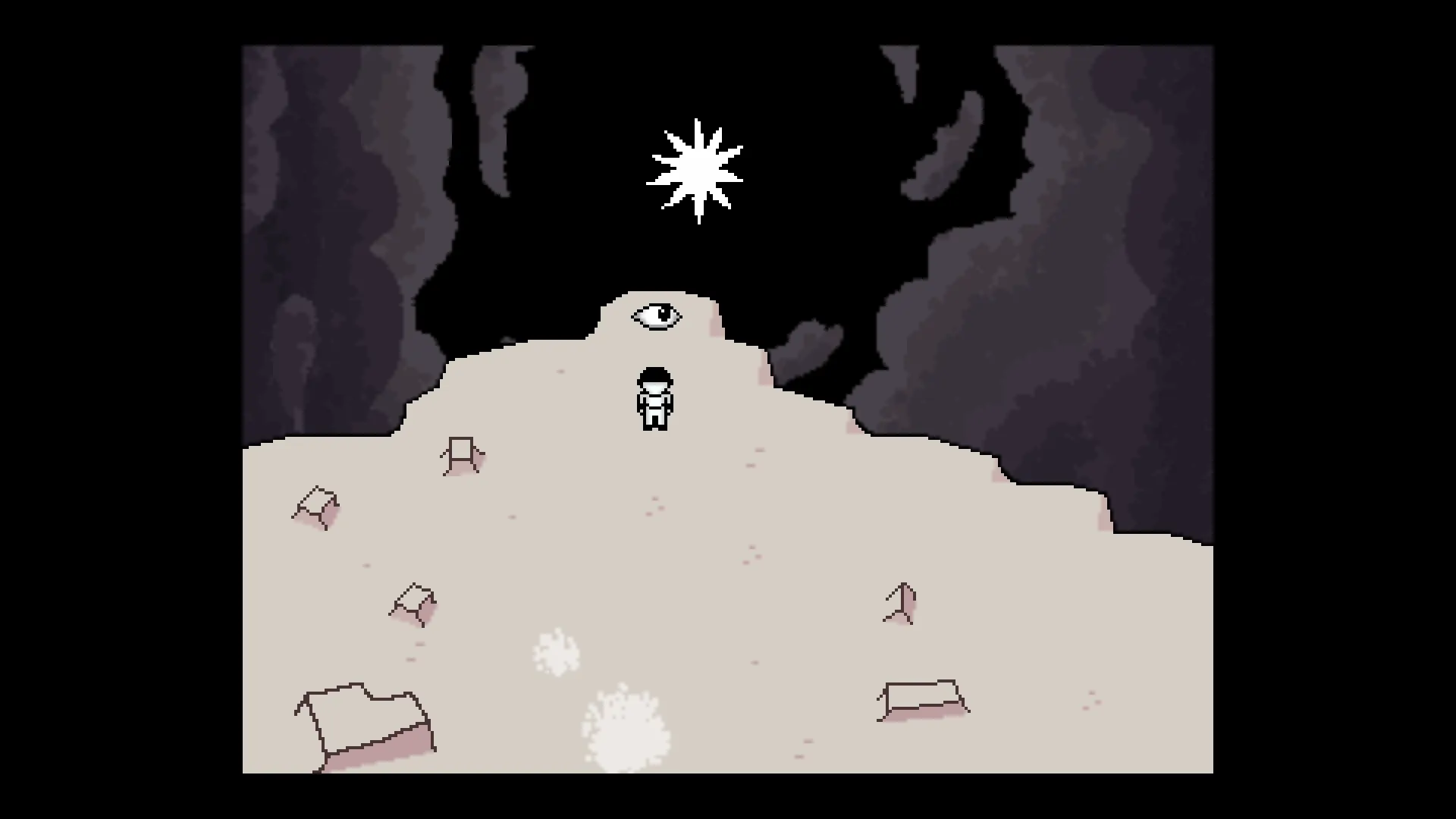 OFF: The Batter stands before a giant eye on a stark cliff, surrounded by dark, shadowy caverns.