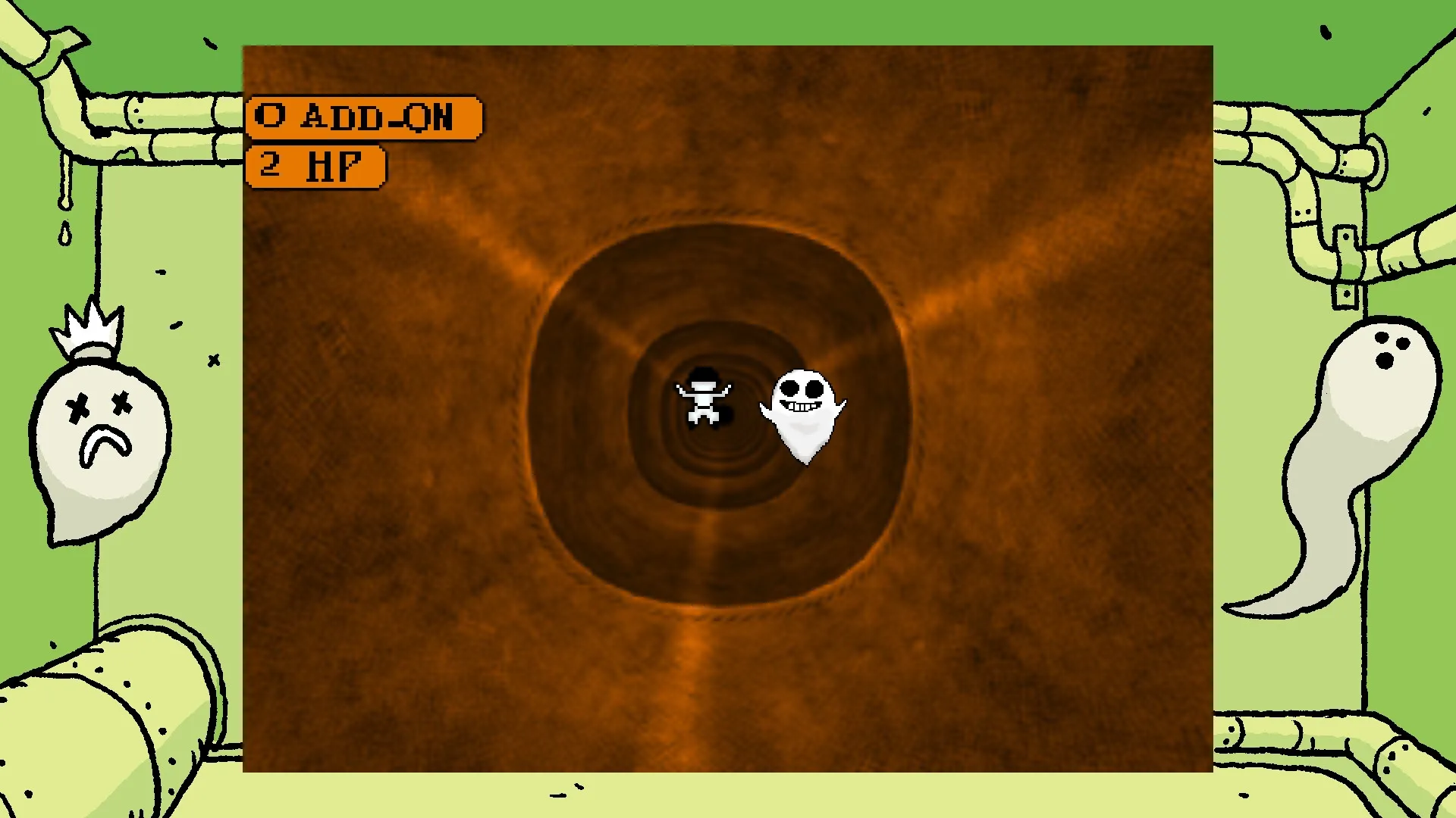 OFF: The Batter and a specter in a circular arena with UI showing add-on and HP in a pipe-filled room