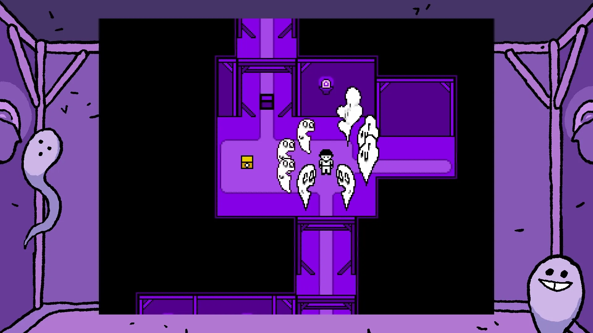 OFF: The Batter surrounded by specters in a purple maze-like room with a small yellow box nearby