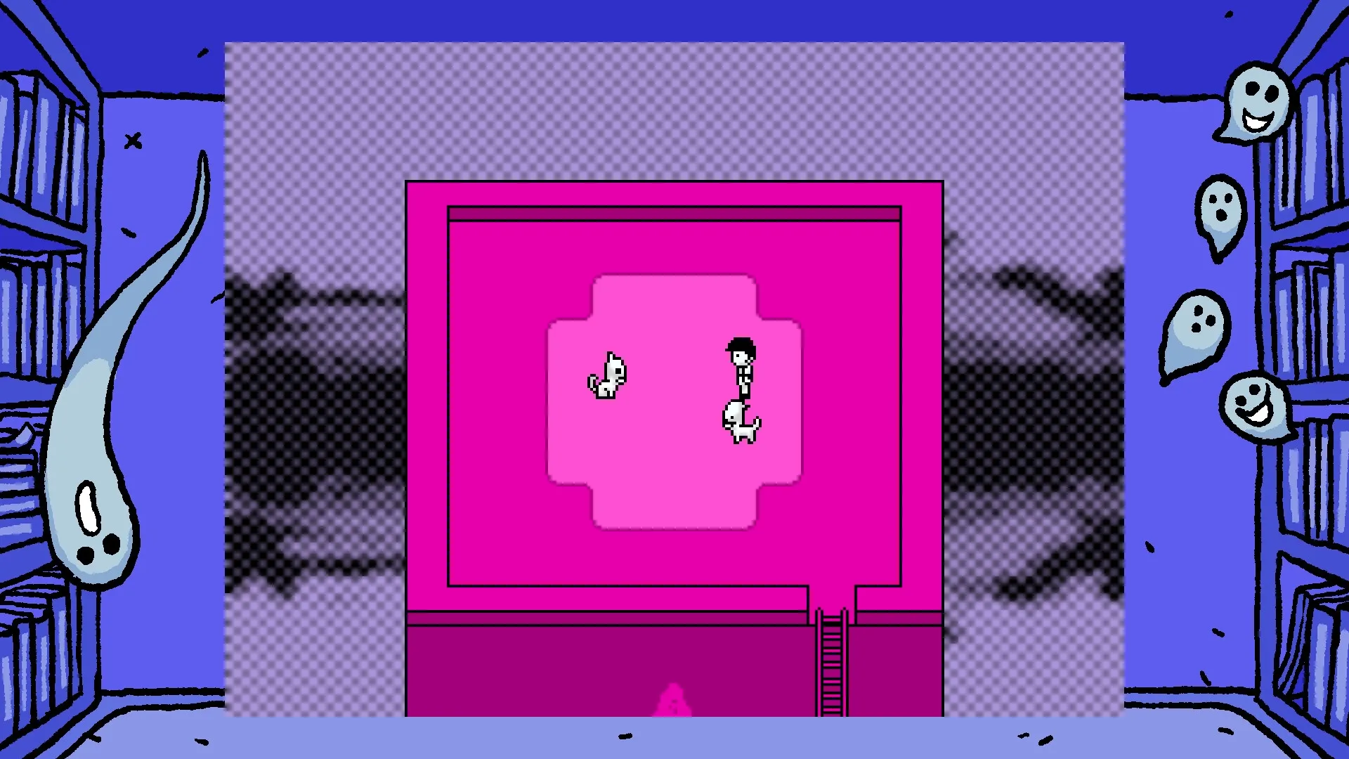 OFF: The Batter and The Judge in a bright pink room, flanked by ghostly figures in a surreal setting.