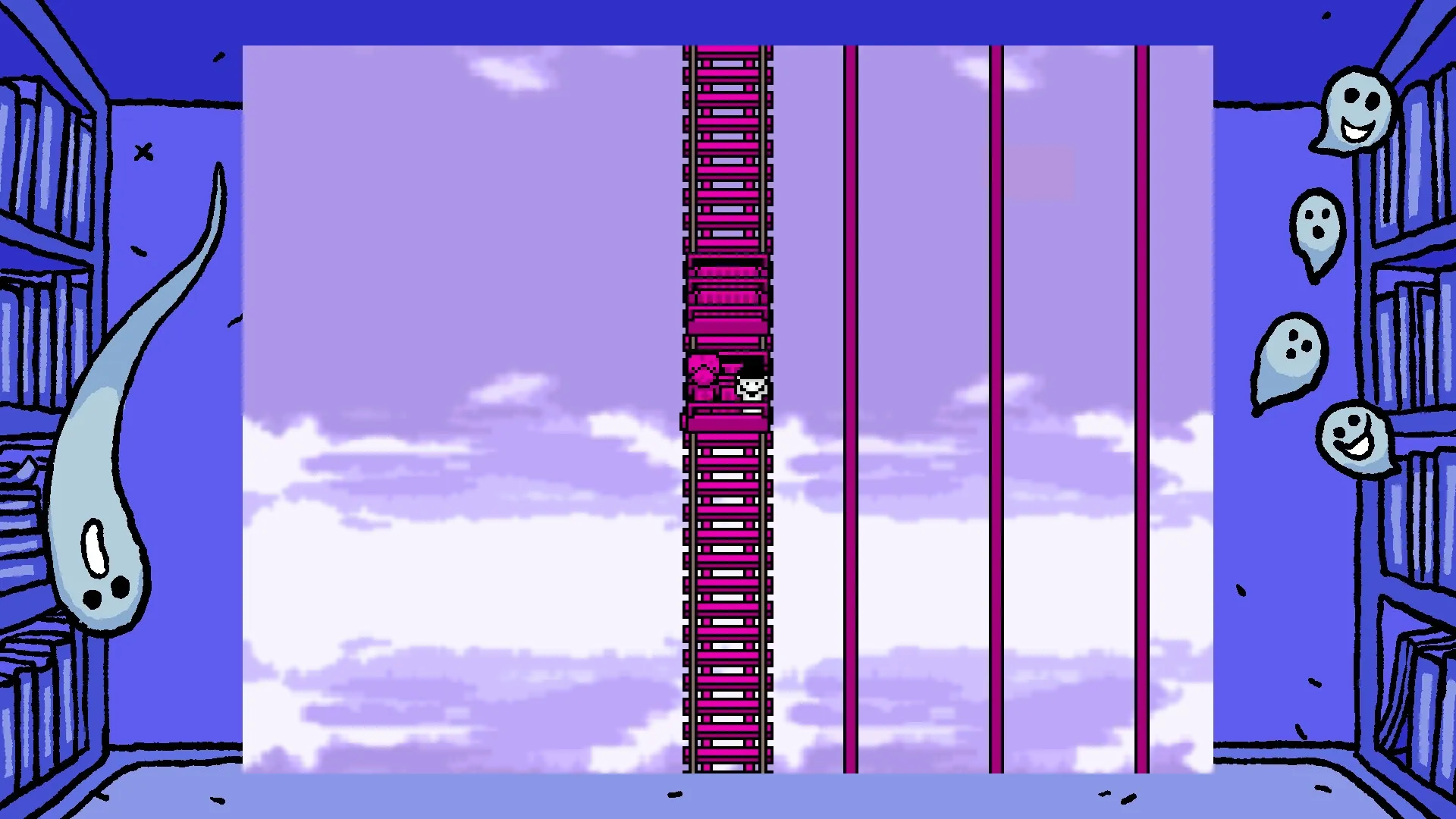 OFF: Batter and The Judge ascending a pink ladder against a surreal cloudy sky background