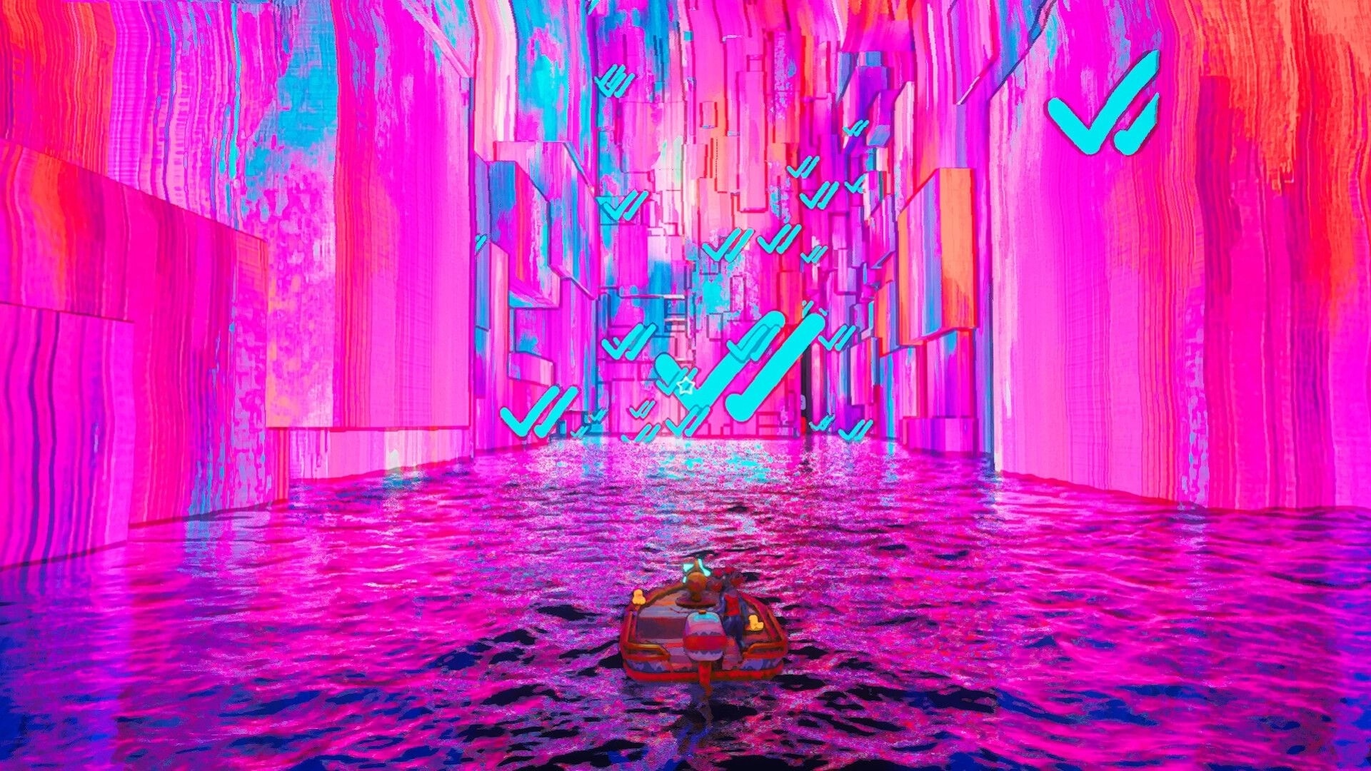 Off Course: Small boat cruising neon pink canal toward floating checkmark icons in abstract corridor.