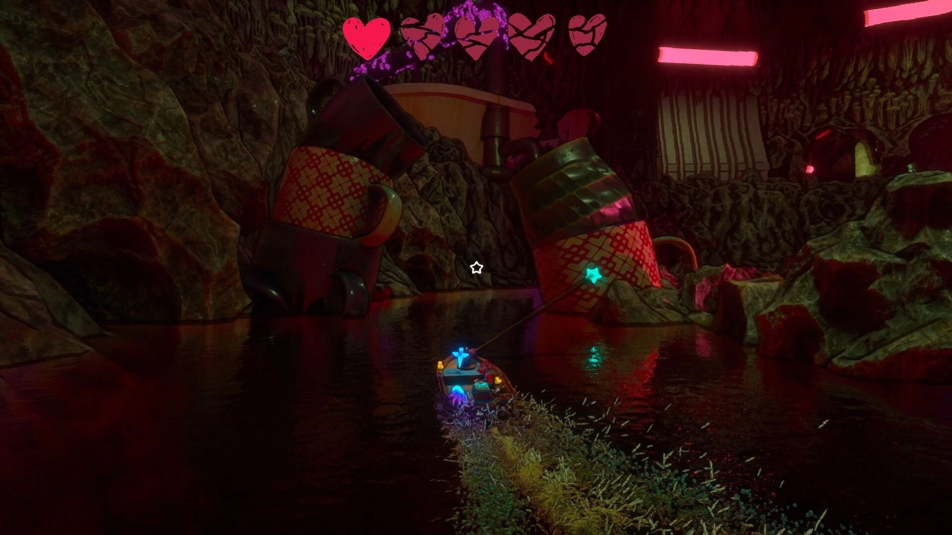 Off Course: Small boat tethered to giant mugs in a dark cave, heart health UI at top.