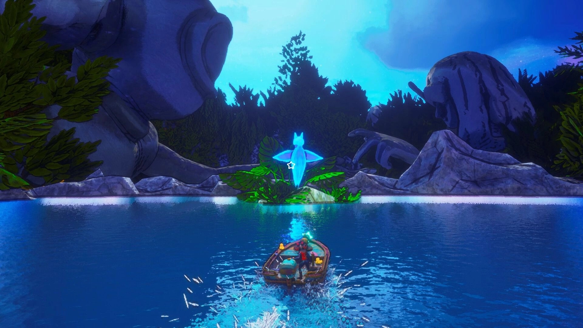 Off Course: Player steers a small boat toward a glowing blue spirit above a rocky shoreline at dusk.