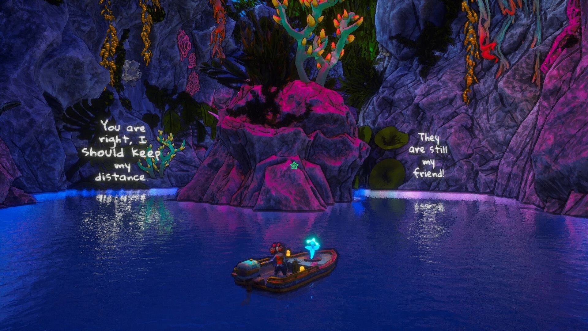 Off Course: Boating past neon rocks as thought text appears on cave walls in flooded cavern lagoon.