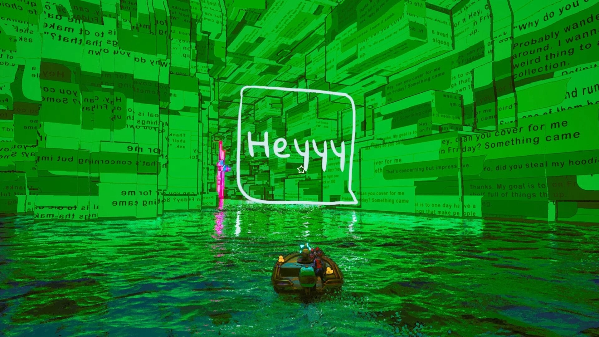 Off Course: Small boat drifts on green water toward a giant “Heyyy” speech bubble in text maze.