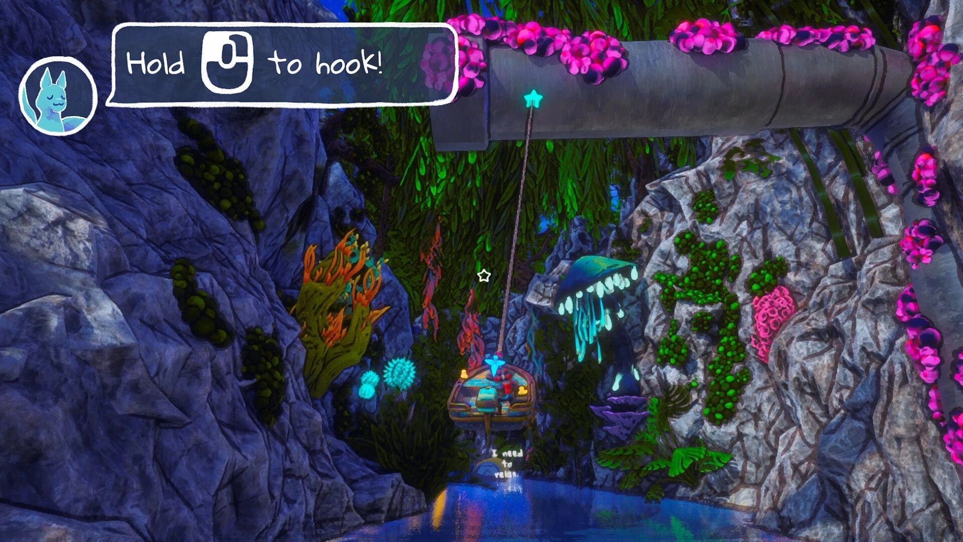 Off Course: Hook prompt UI over a boat dangling by rope in a colorful underwater cave ravine.
