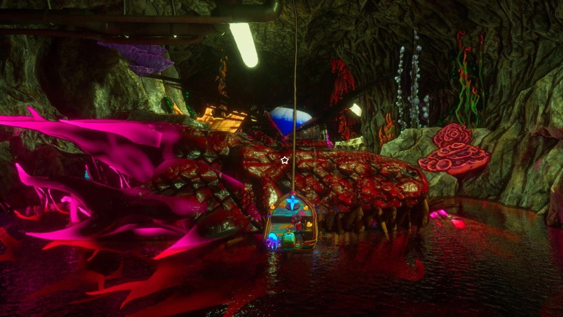 Off Course: Small boat under a fleshy bridge in a neon cave with hanging lights and coral walls.