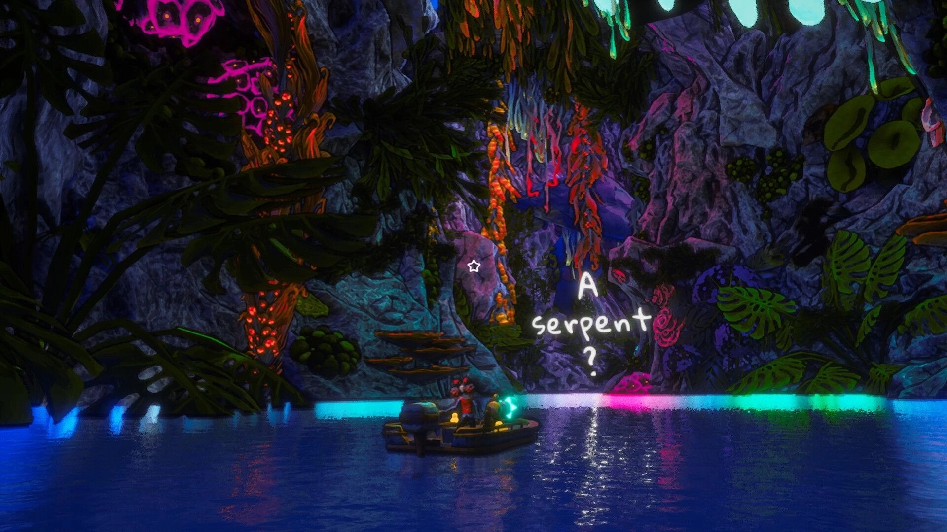 Off Course: Small boat idles on dark water before neon cave wall graffiti reading "A serpent?".