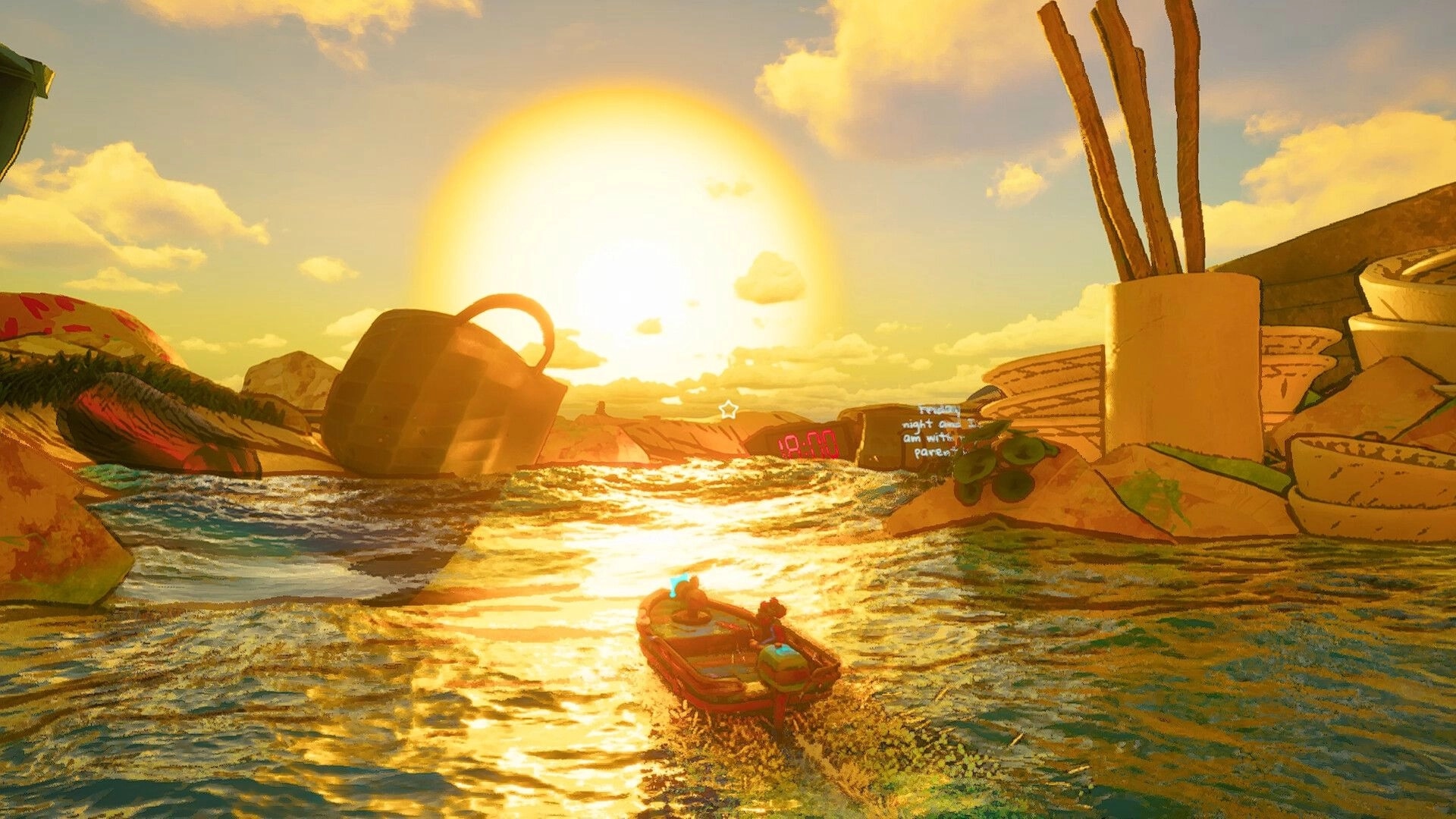Off Course: Small boat cruises through sunset waters past giant objects and a floating digital clock UI.