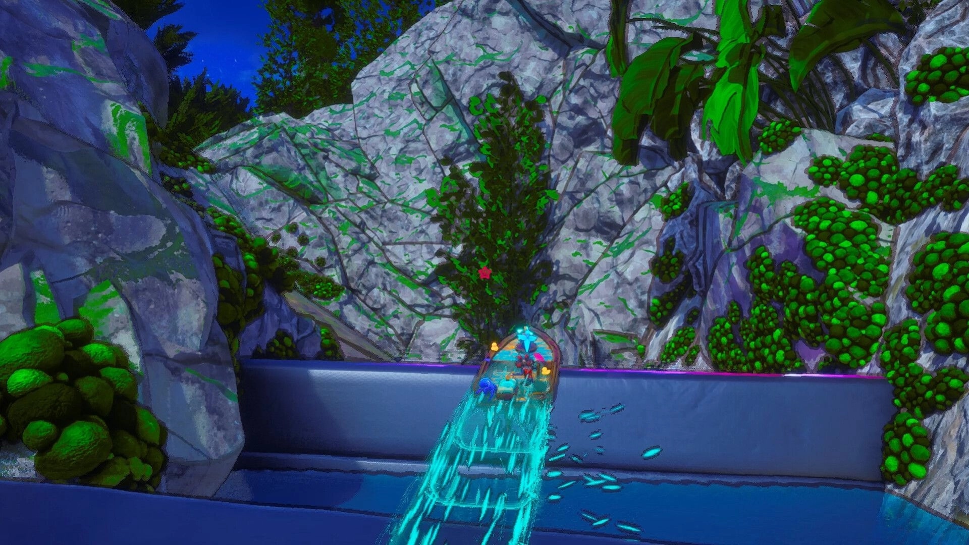 Off Course: Glowing boat speeds toward a concrete ledge in a narrow canyon of mossy rocks and vines.