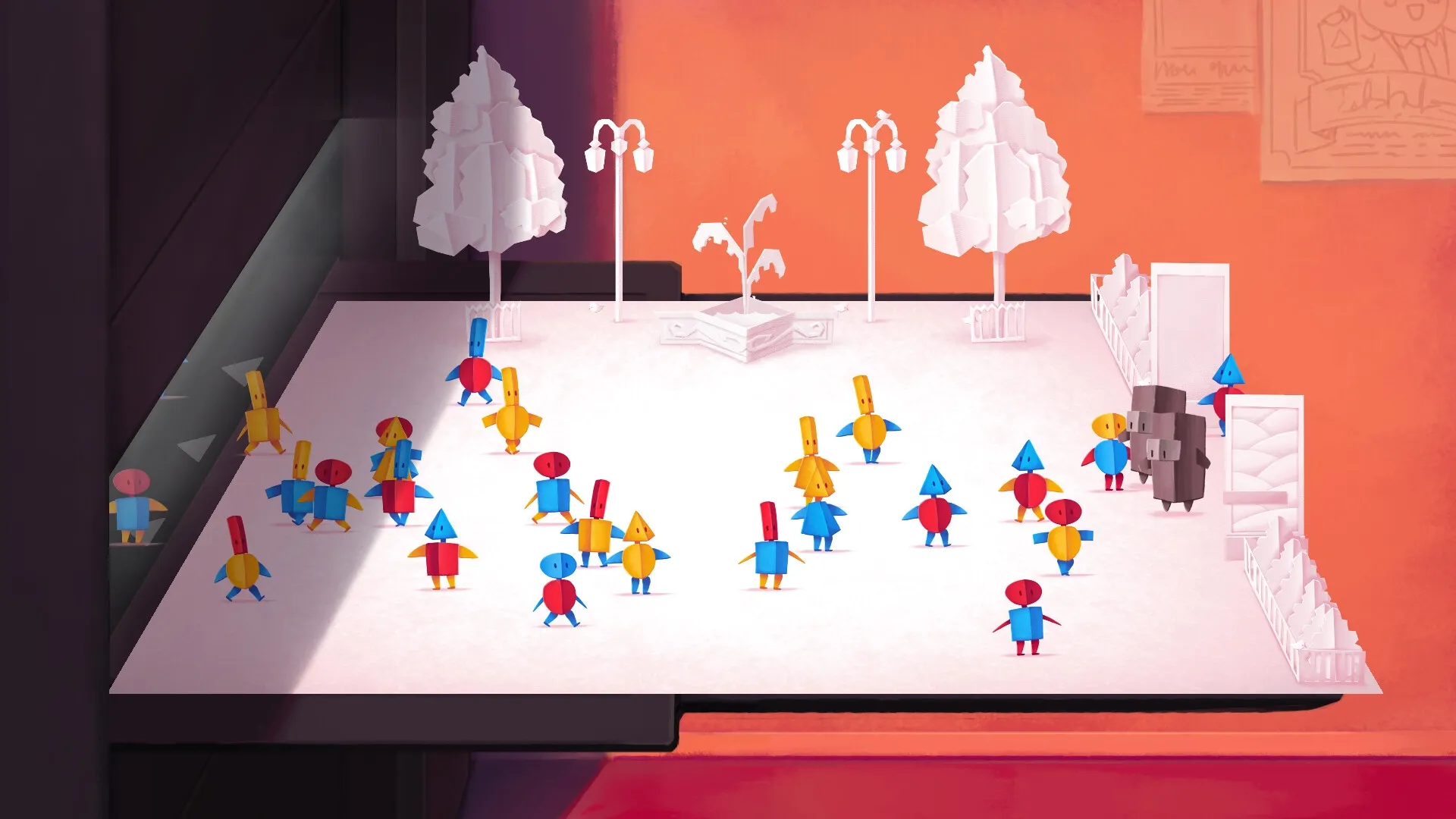 Off-Score: Colorful paper doll characters gather in a park with trees and lampposts in a surreal setting.
