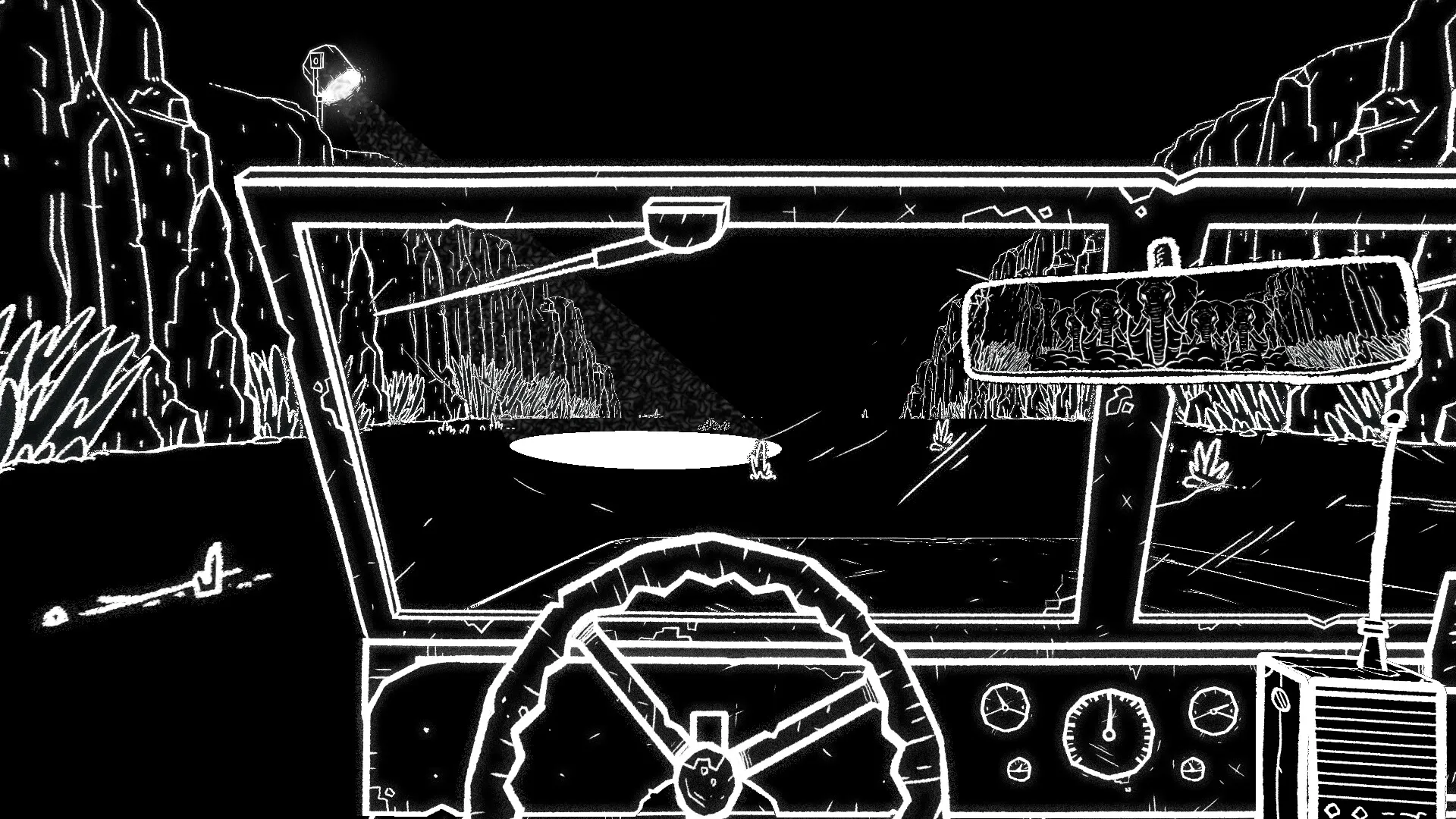 Off-Score: Driving through canyon with elephants in rearview mirror in a monochrome landscape