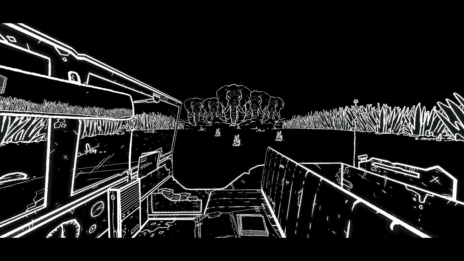 Off-Score: Driving through a surreal landscape with elephants in the distance, viewed from a vehicle interior.