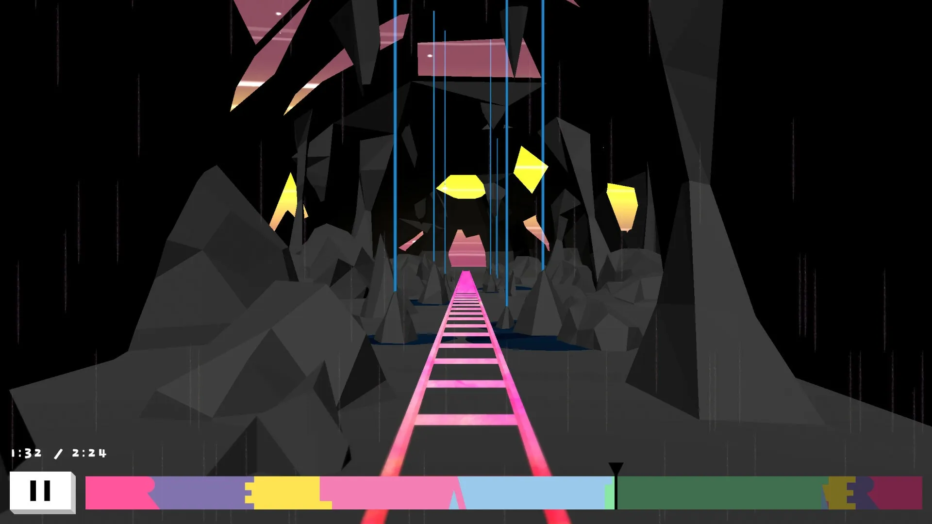Off-Score: Navigating a neon track through a dark cave with geometric rocks and floating shapes