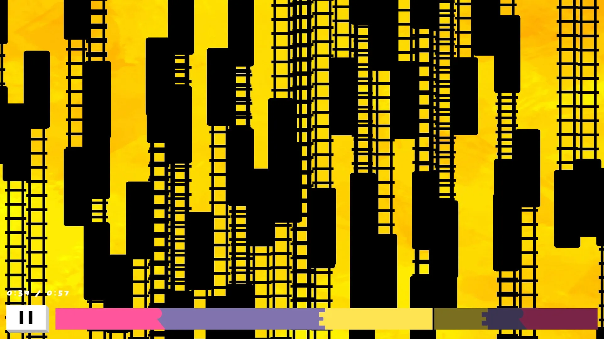 Off-Score: Abstract yellow and black puzzle environment with a progress bar and pause button visible