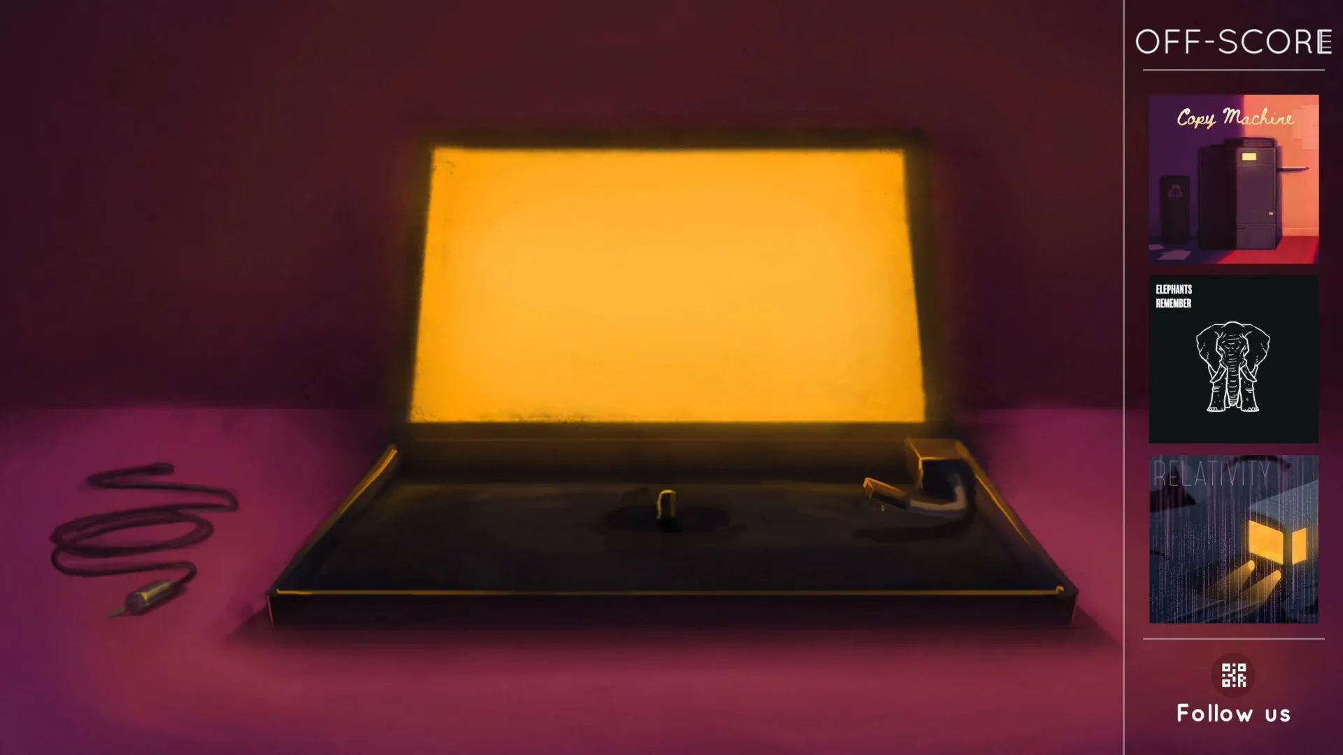 Off-Score: Glowing turntable with album covers and follow us prompt on the right in a dark setting