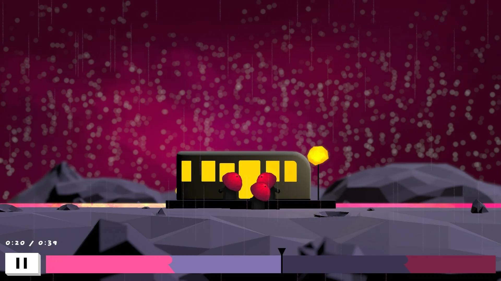 Off-Score: Characters with red umbrellas wait by illuminated bus in rainy, surreal landscape