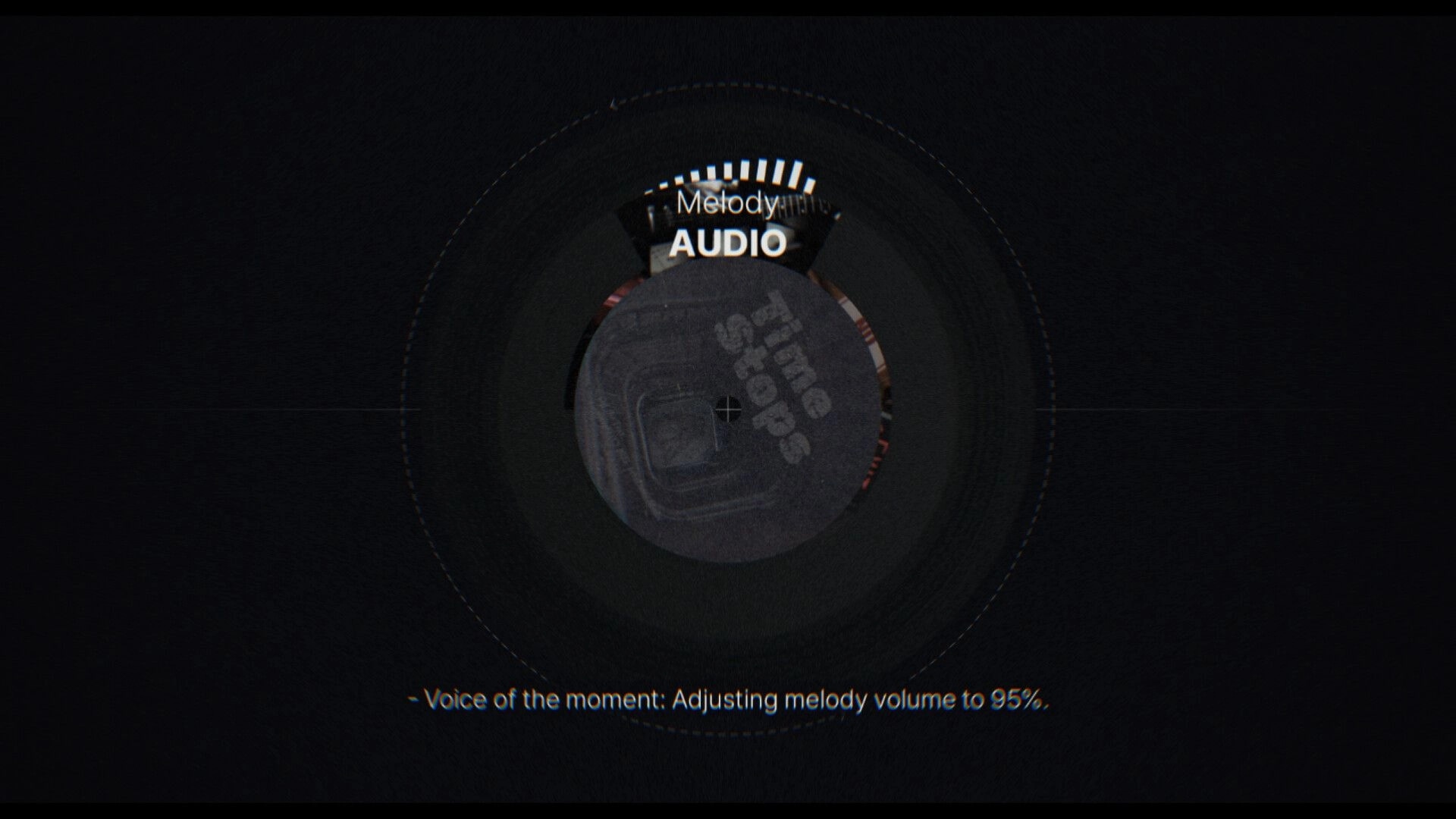 Off the Text: Audio settings dial adjusting melody volume to 95% on a dark VHS-style menu screen.