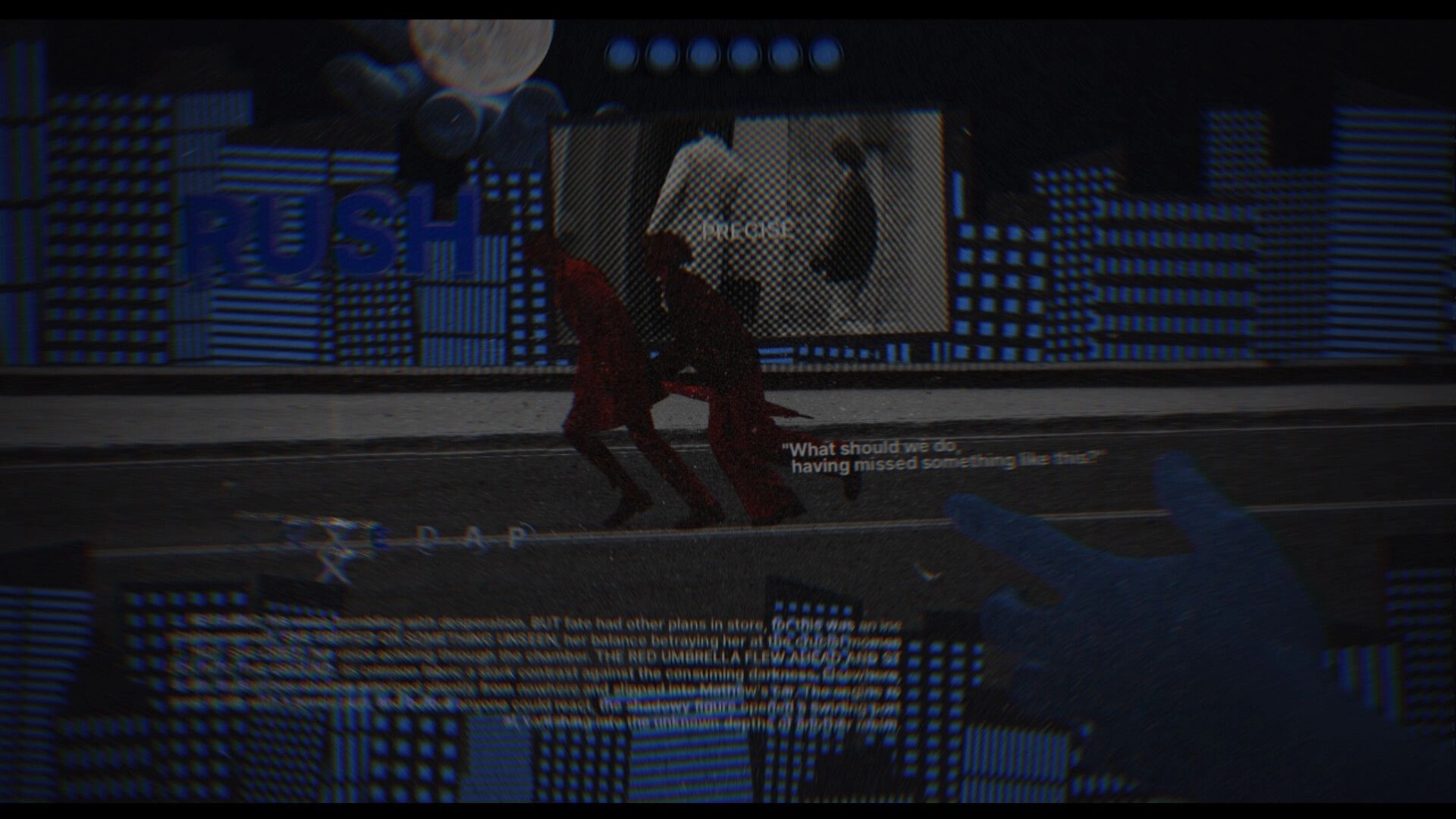 Off the Text: VHS-styled typing prompt with “PUSH” and dialogue text over a shadowy street scene.