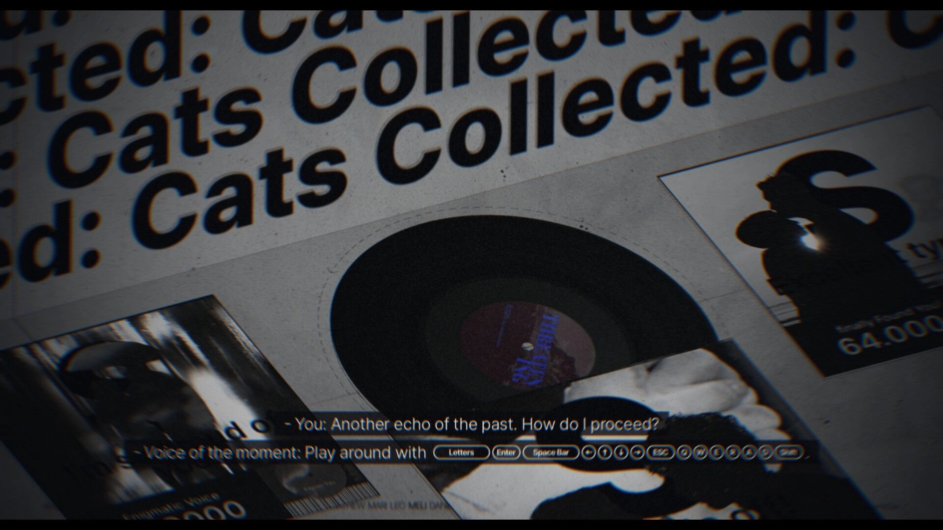 Off the Text: Dialogue prompt over vinyl record collage with key icons and VHS-style blur overlay.