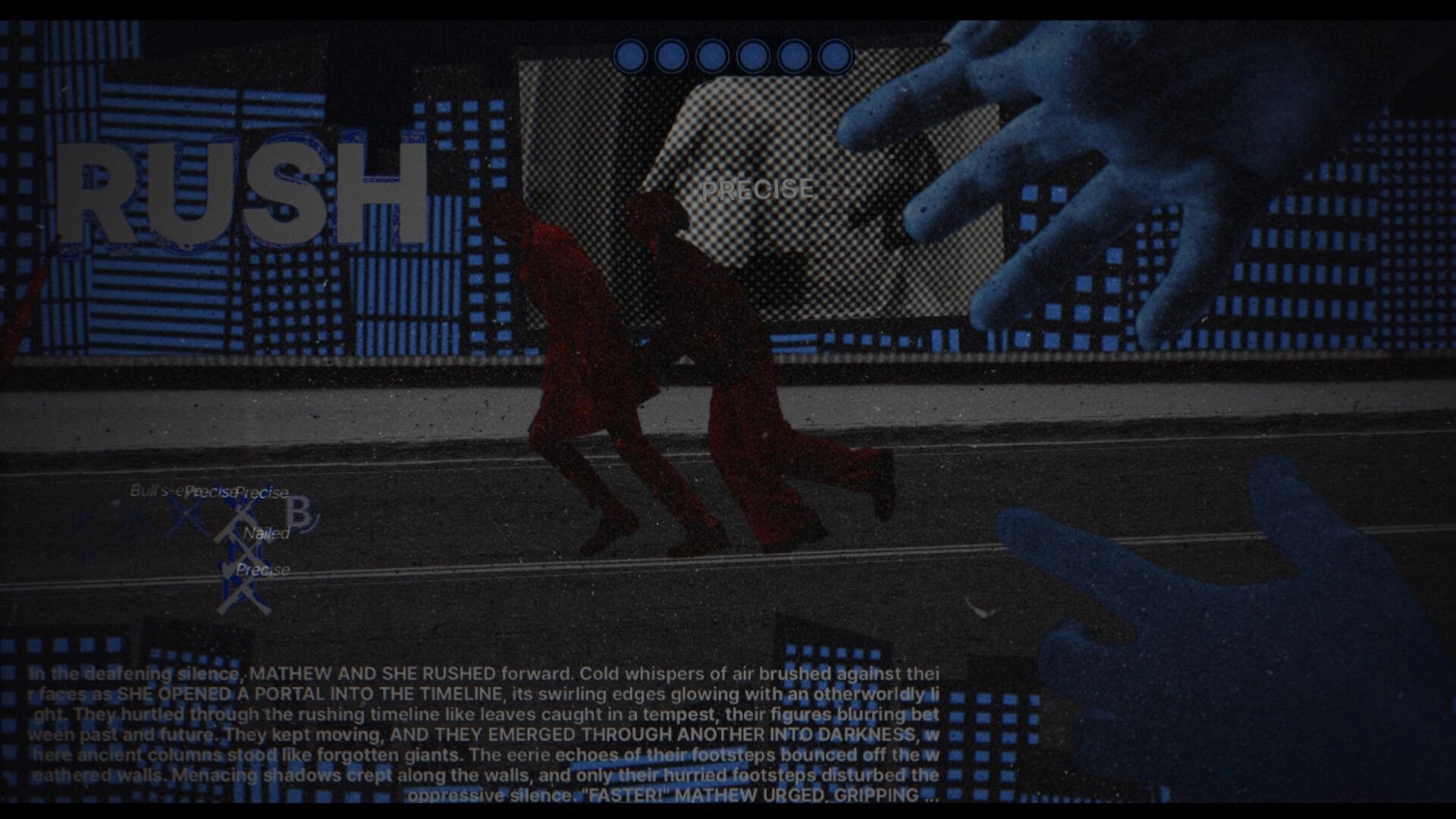 Off the Text: Two red silhouettes running past huge blue hands in a VHS-styled rhythm UI scene.