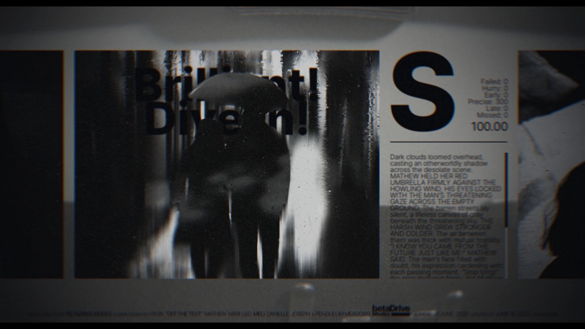 Off the Text: VHS-styled typing result screen with S rank and story text beside blurred figure.