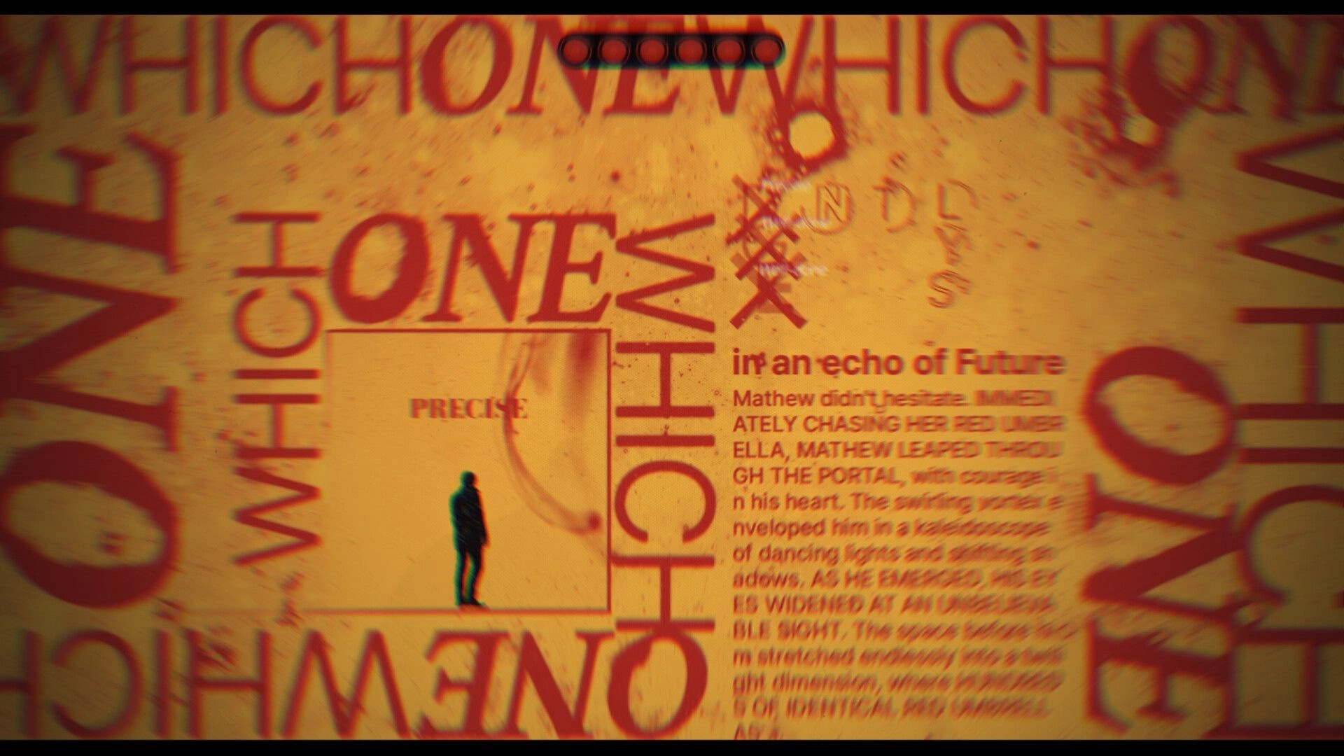 Off the Text: Typing rhythm prompt over blurred story text and HUD orbs in VHS-styled page backdrop.