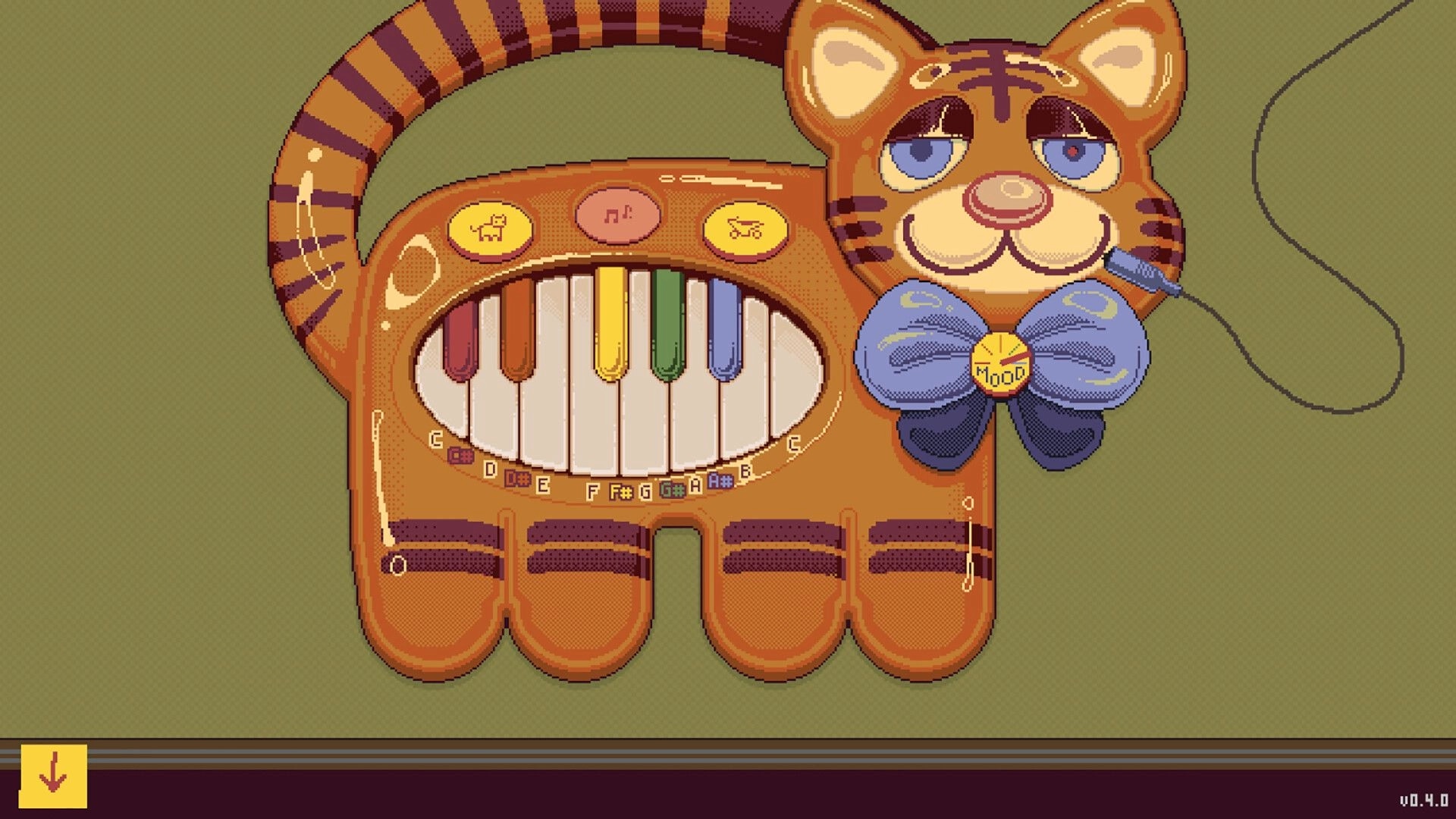OFFBEAT: Cat-shaped toy keyboard with colored keys and mood bow on a plain green background.