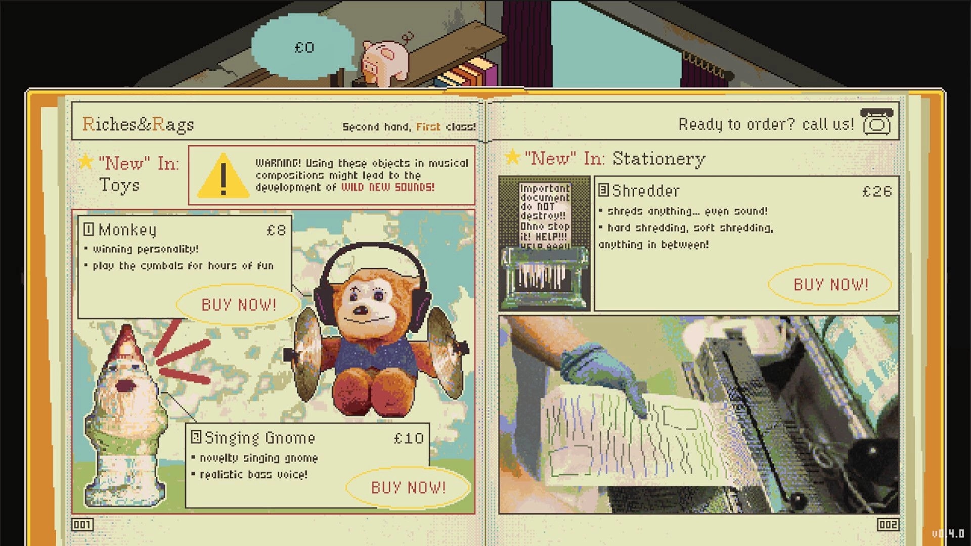 OFFBEAT: Riches&Rags shop catalog UI selling monkey toy and shredder, with Buy Now buttons on pages.