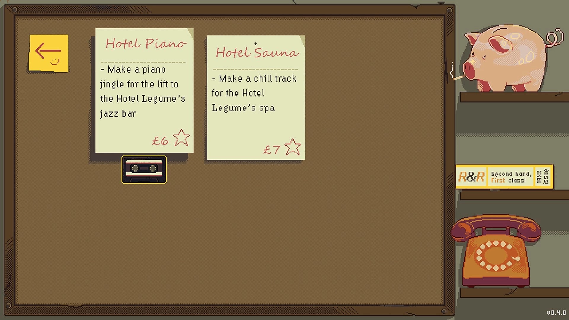 OFFBEAT: Job board UI with Hotel Piano and Hotel Sauna tasks, piggy bank and rotary phone shelf.