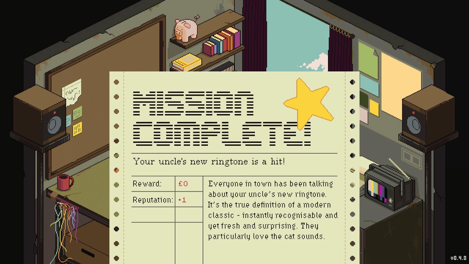 OFFBEAT: Mission complete popup with star and rewards over a cozy studio room with speakers and notes.