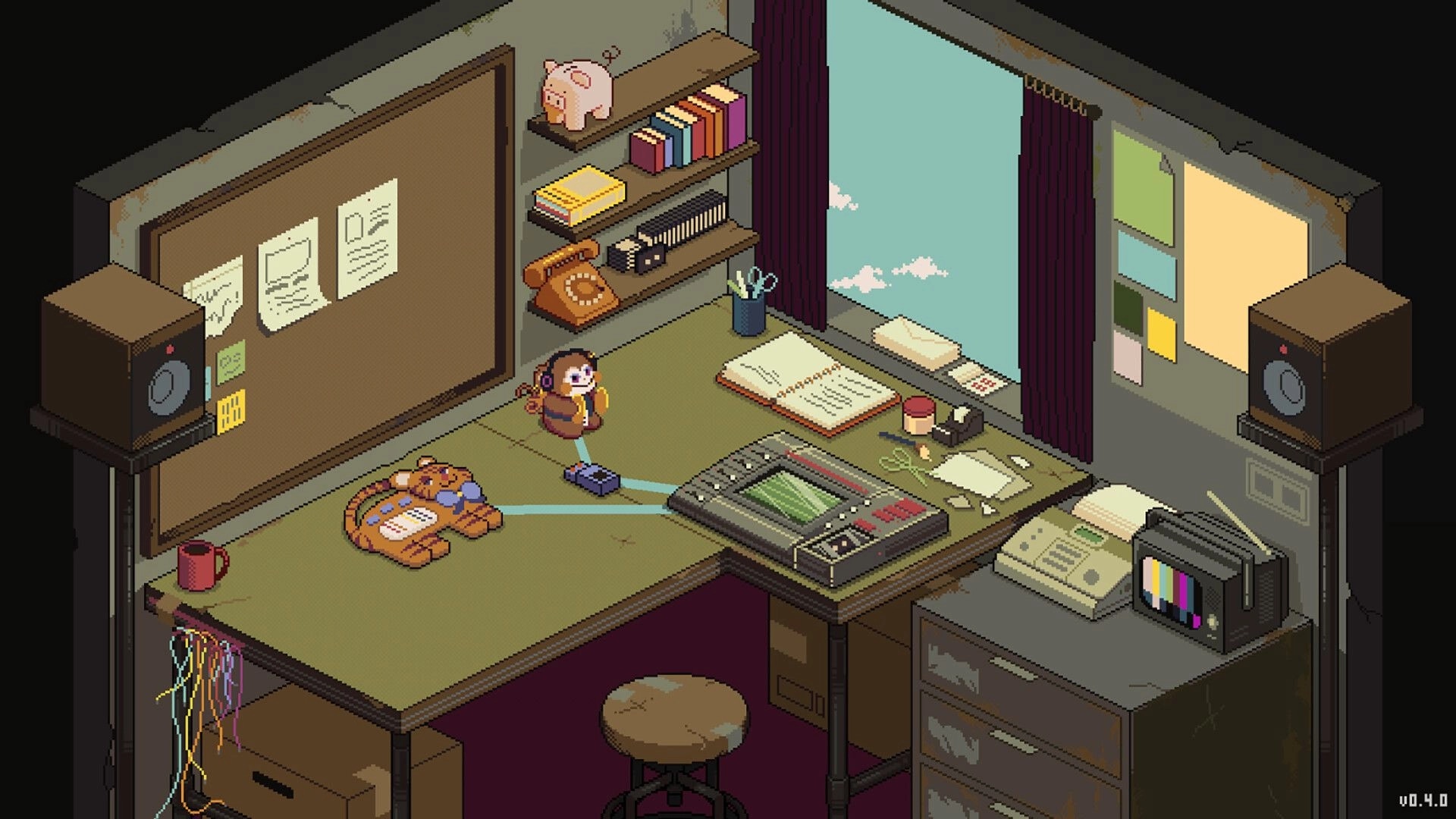 OFFBEAT: Pixel studio desk with tape recorder and cat, tiny headphone figure by shelves and window.
